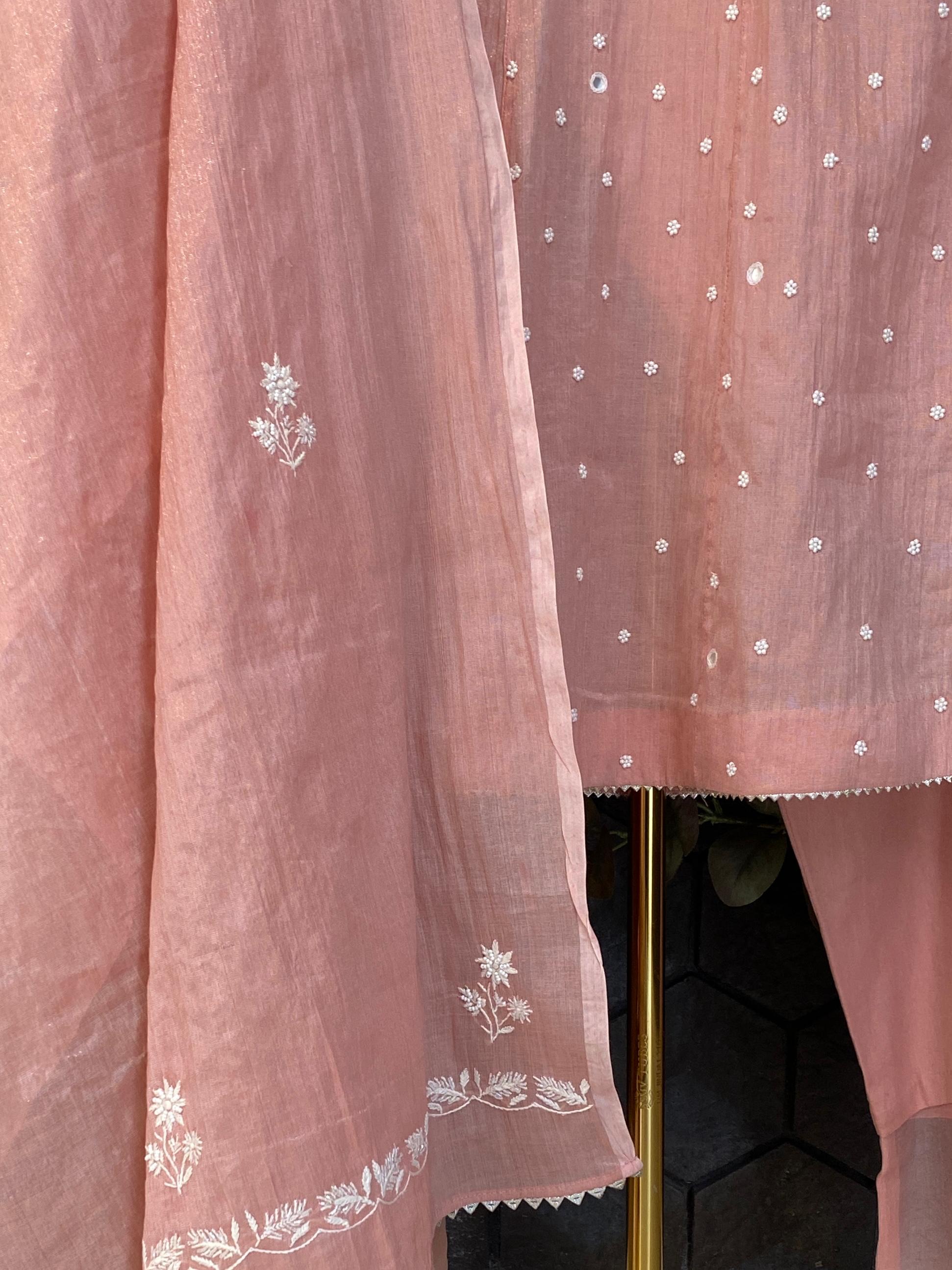 Peach Silver tissue chikankari Anarkali set