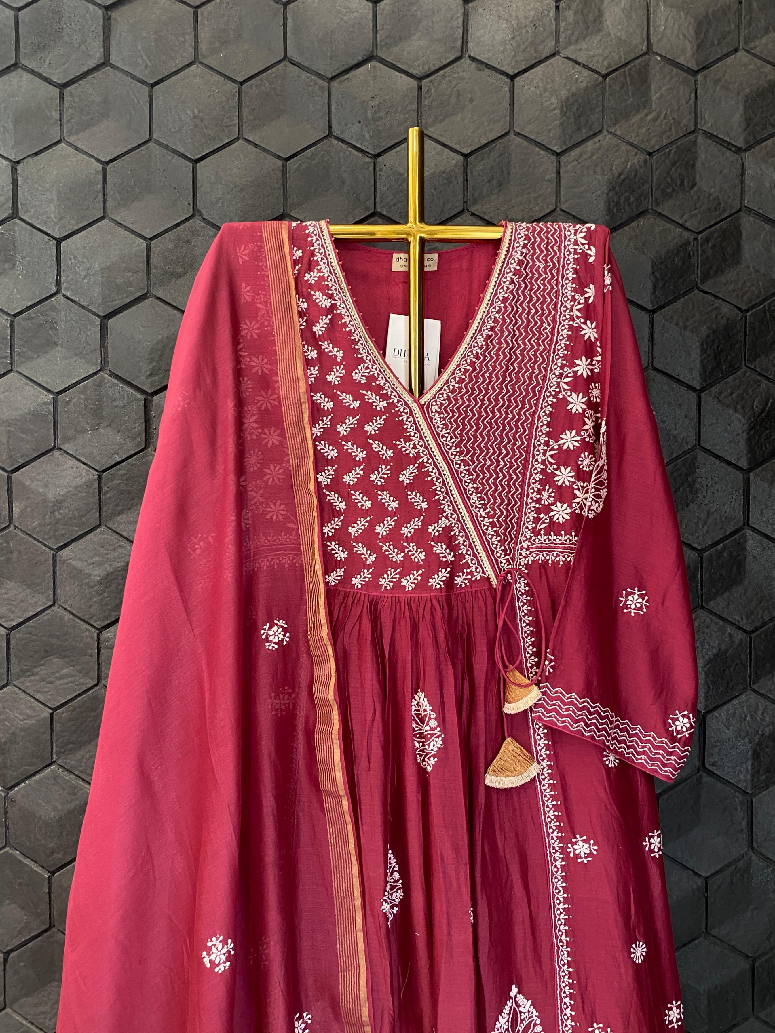 Plum chanderi chikankari angrakha set