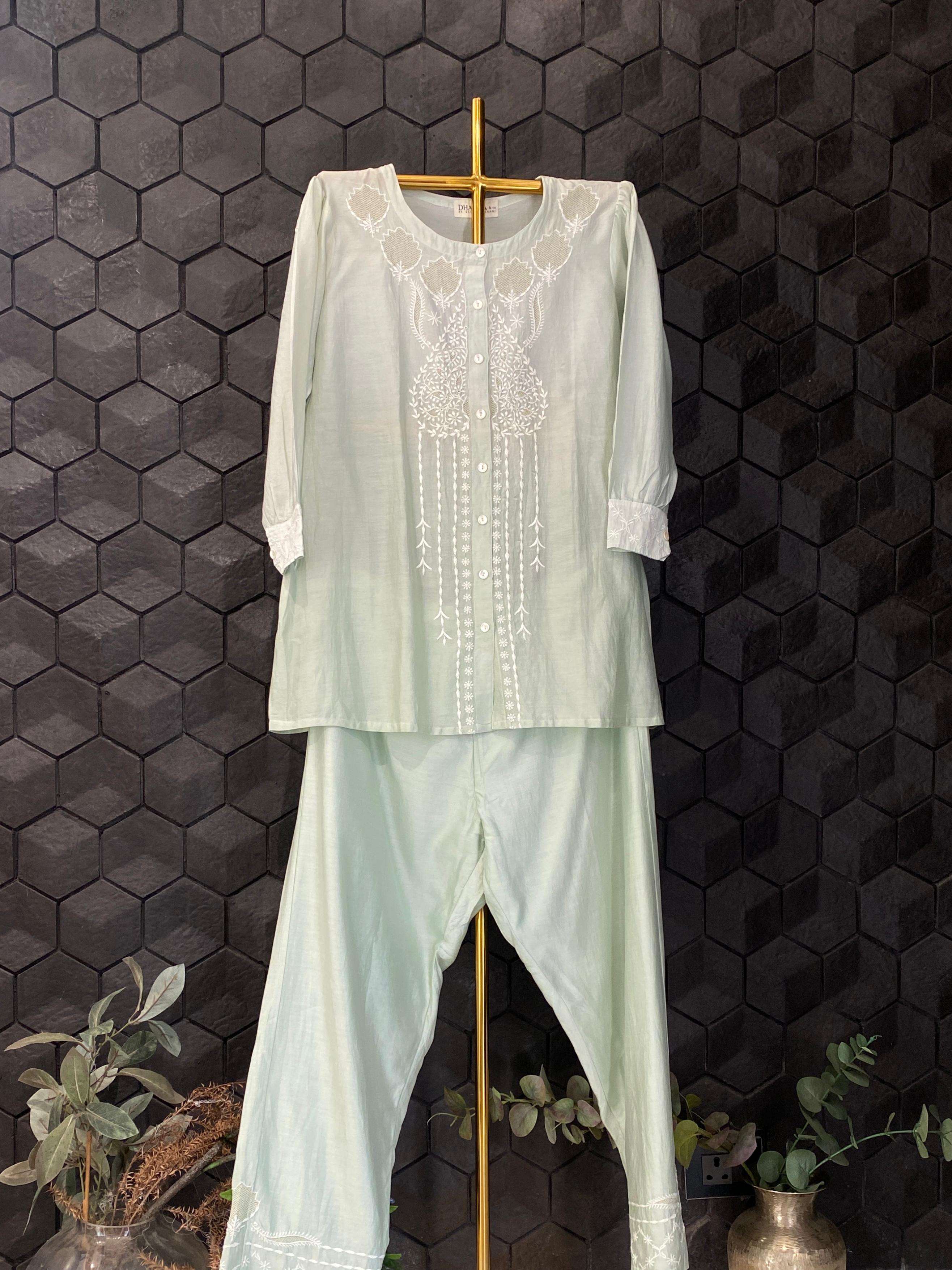 Sea Green mul chanderi chikankari co-ord set