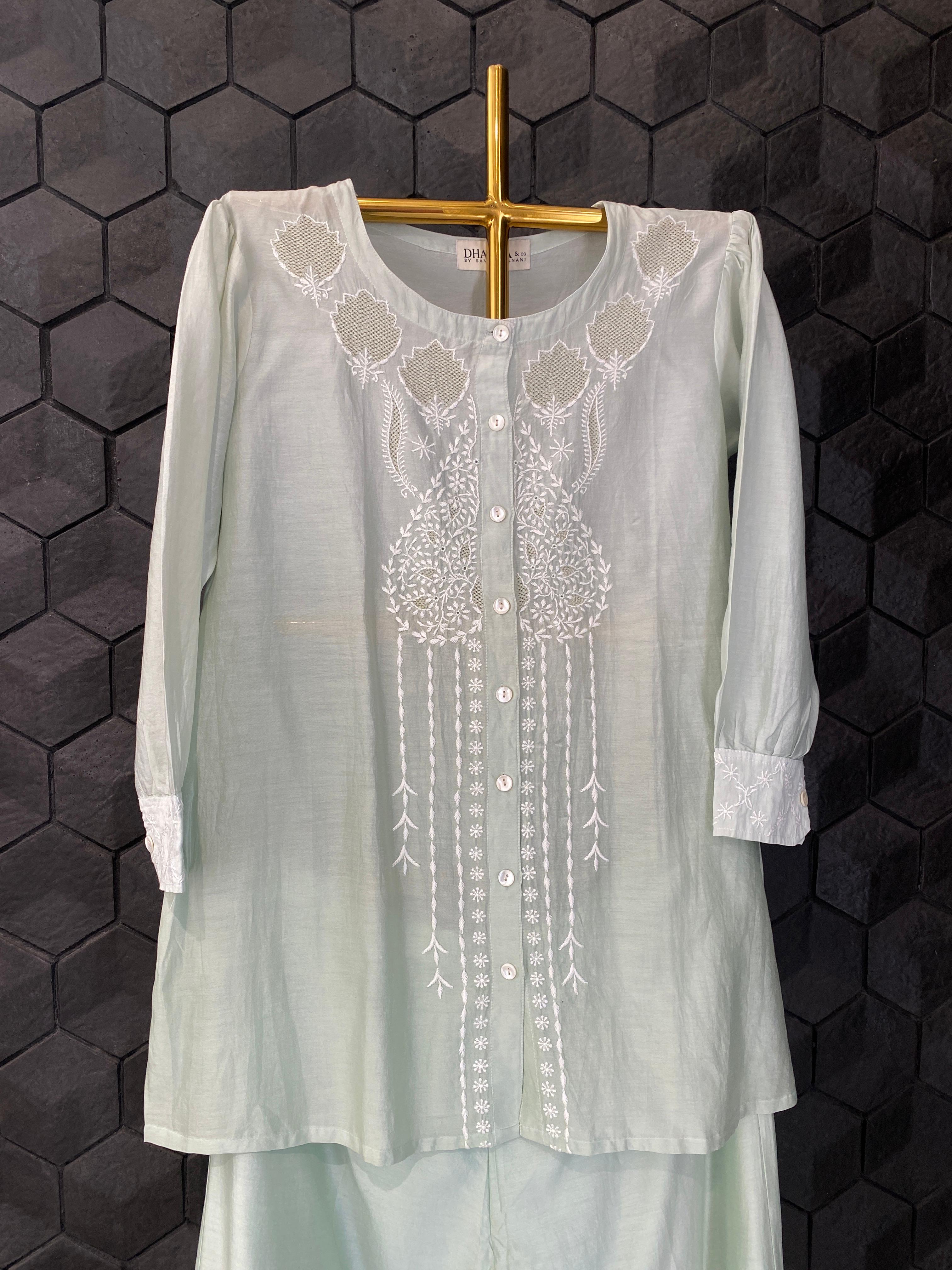 Sea Green mul chanderi chikankari co-ord set