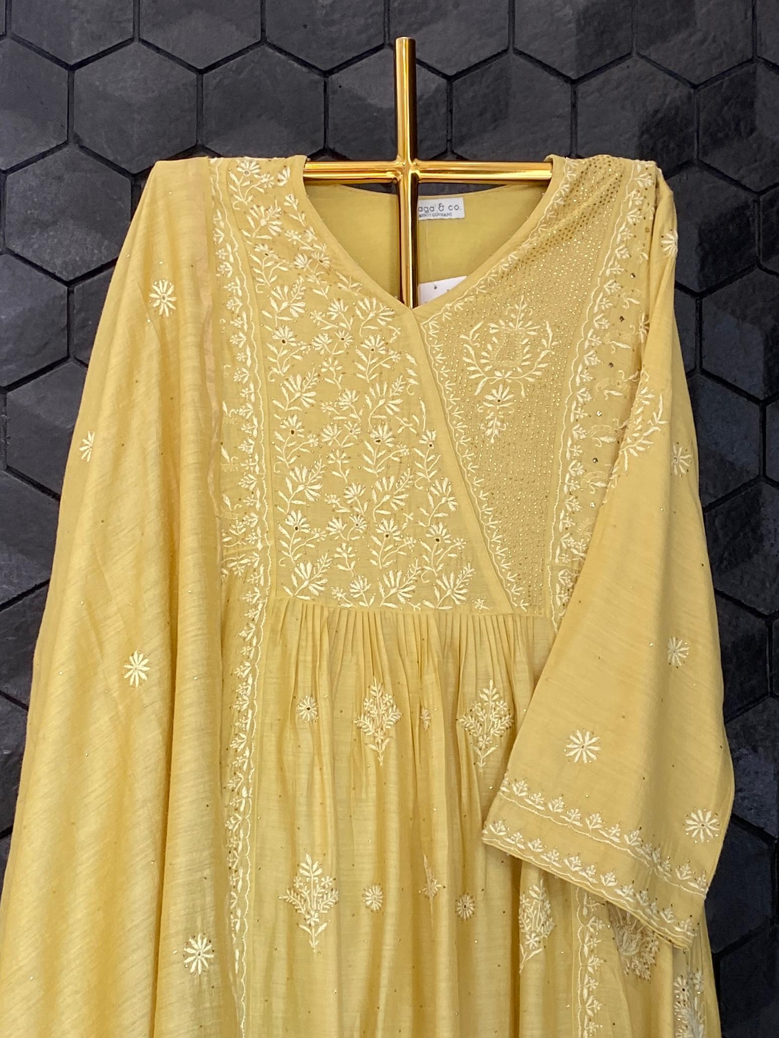 Lime green munga silk chikankari angarkha set