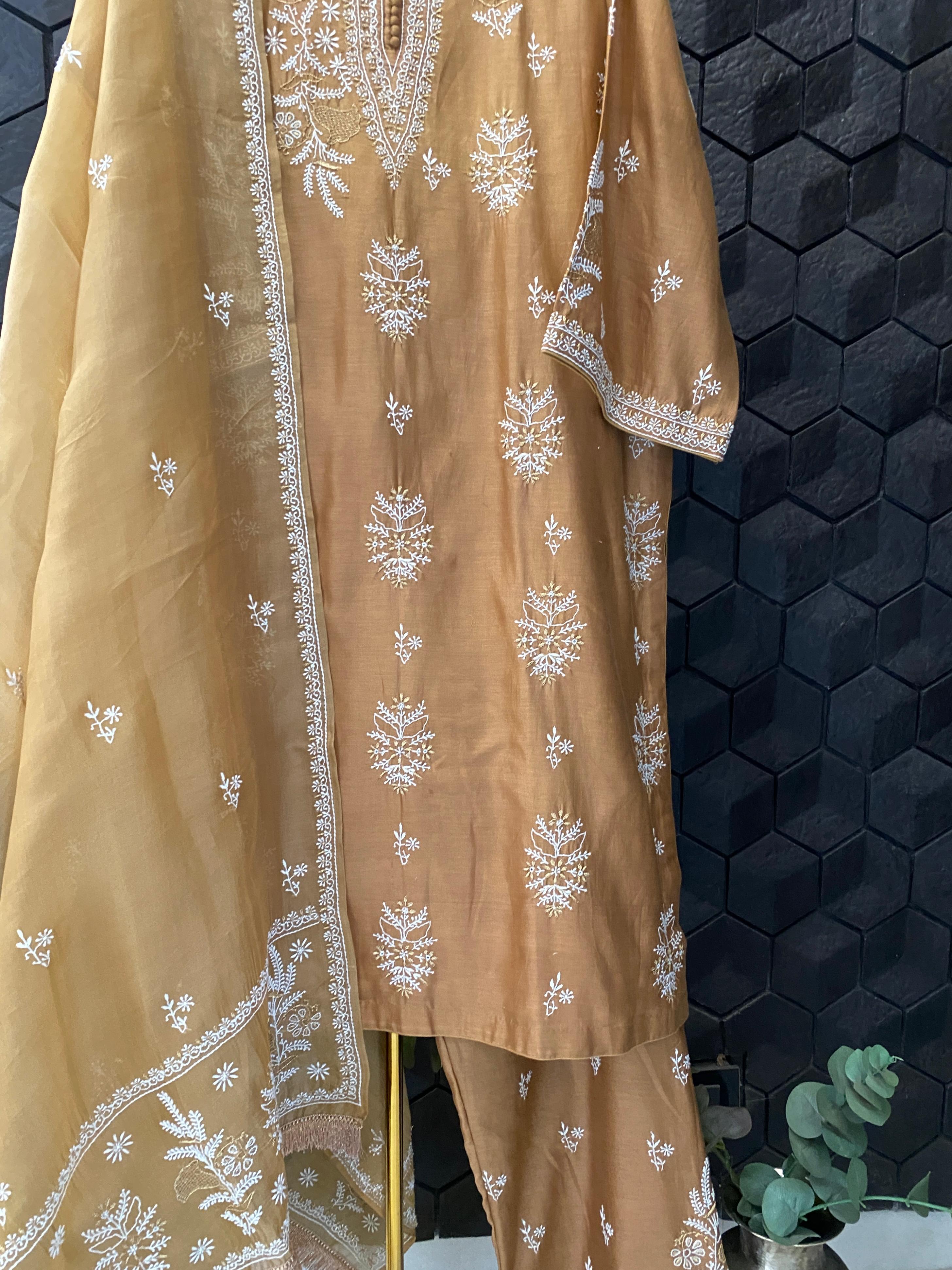 Gold Chanderi Chikankari Kurta Set