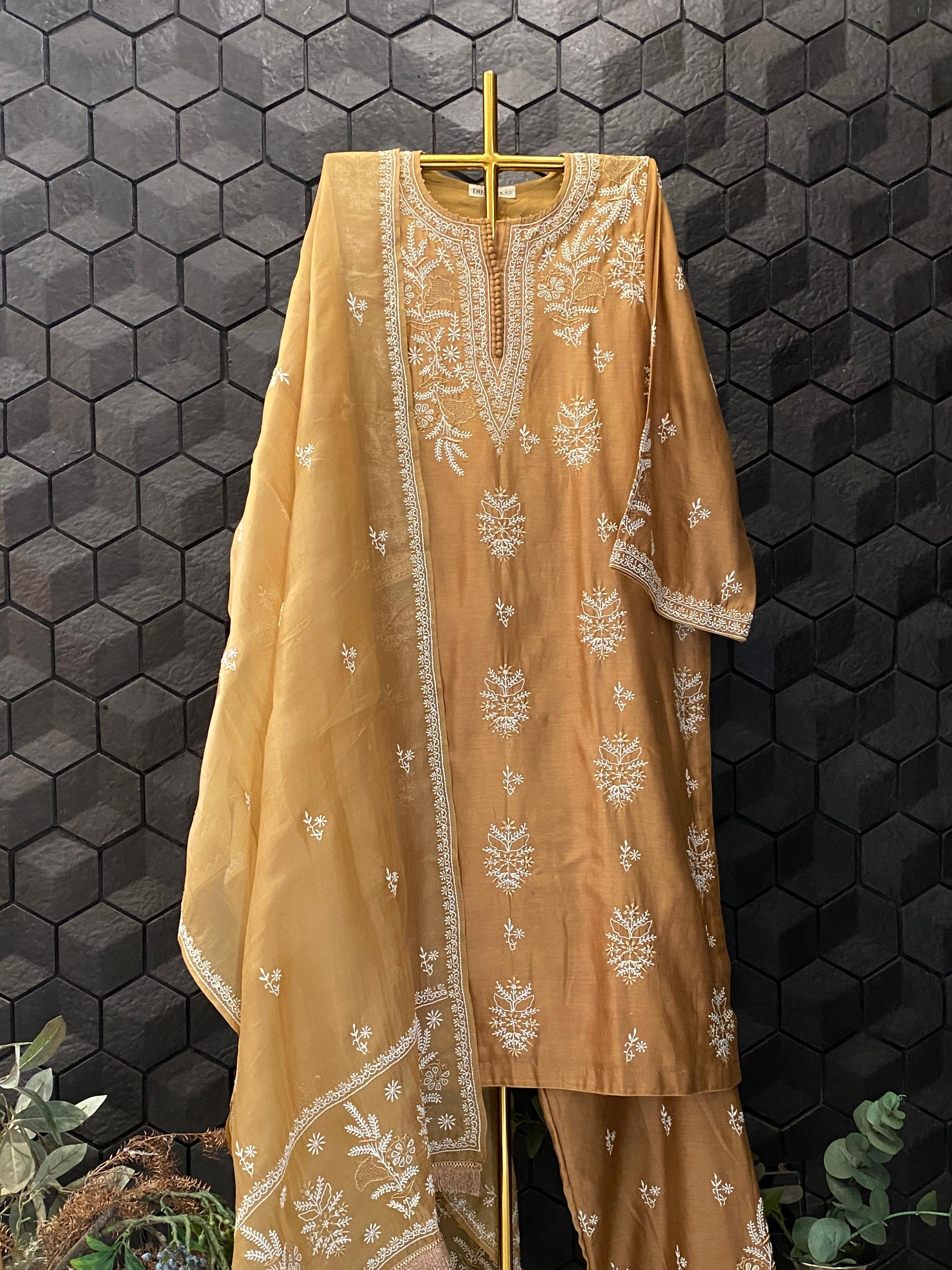 Gold Chanderi Chikankari Kurta Set