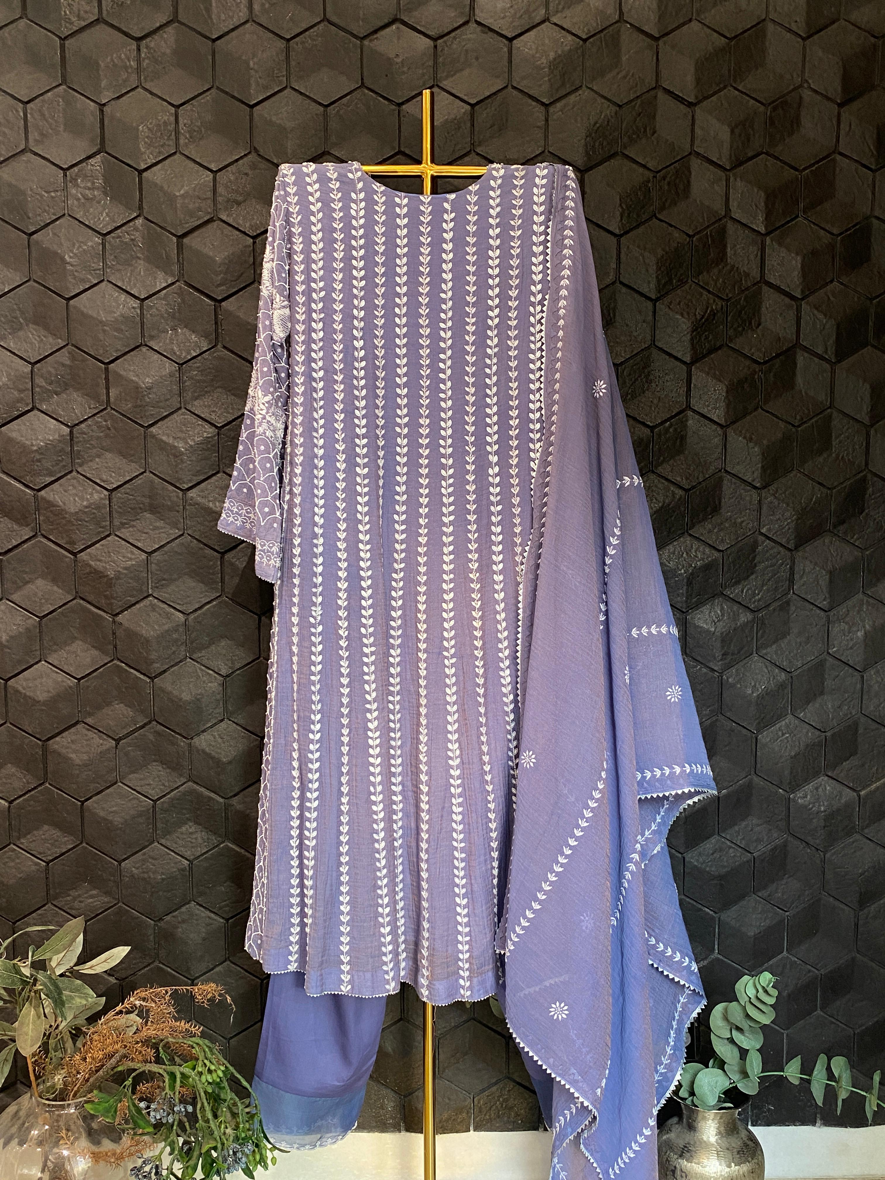 Purple Tissue Chikankari Anarkali Set