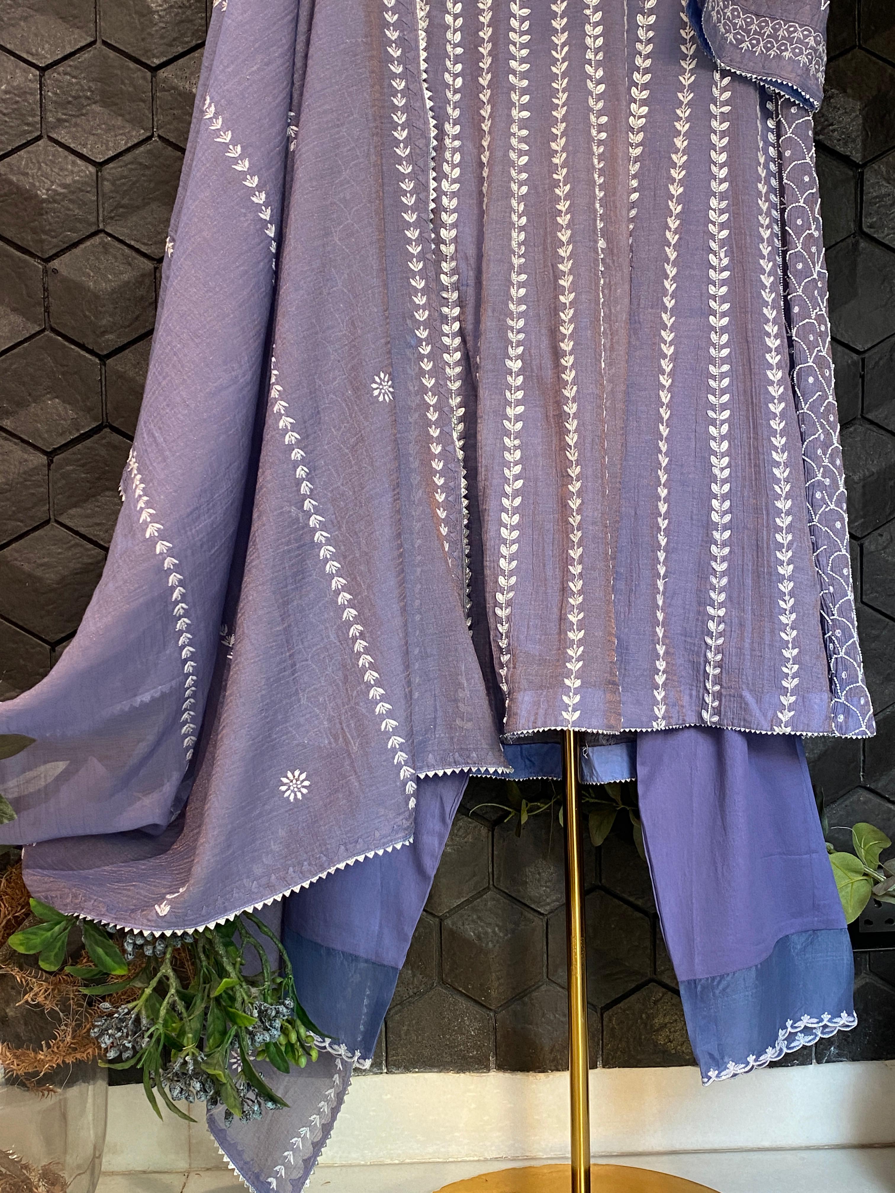 Purple Tissue Chikankari Anarkali Set