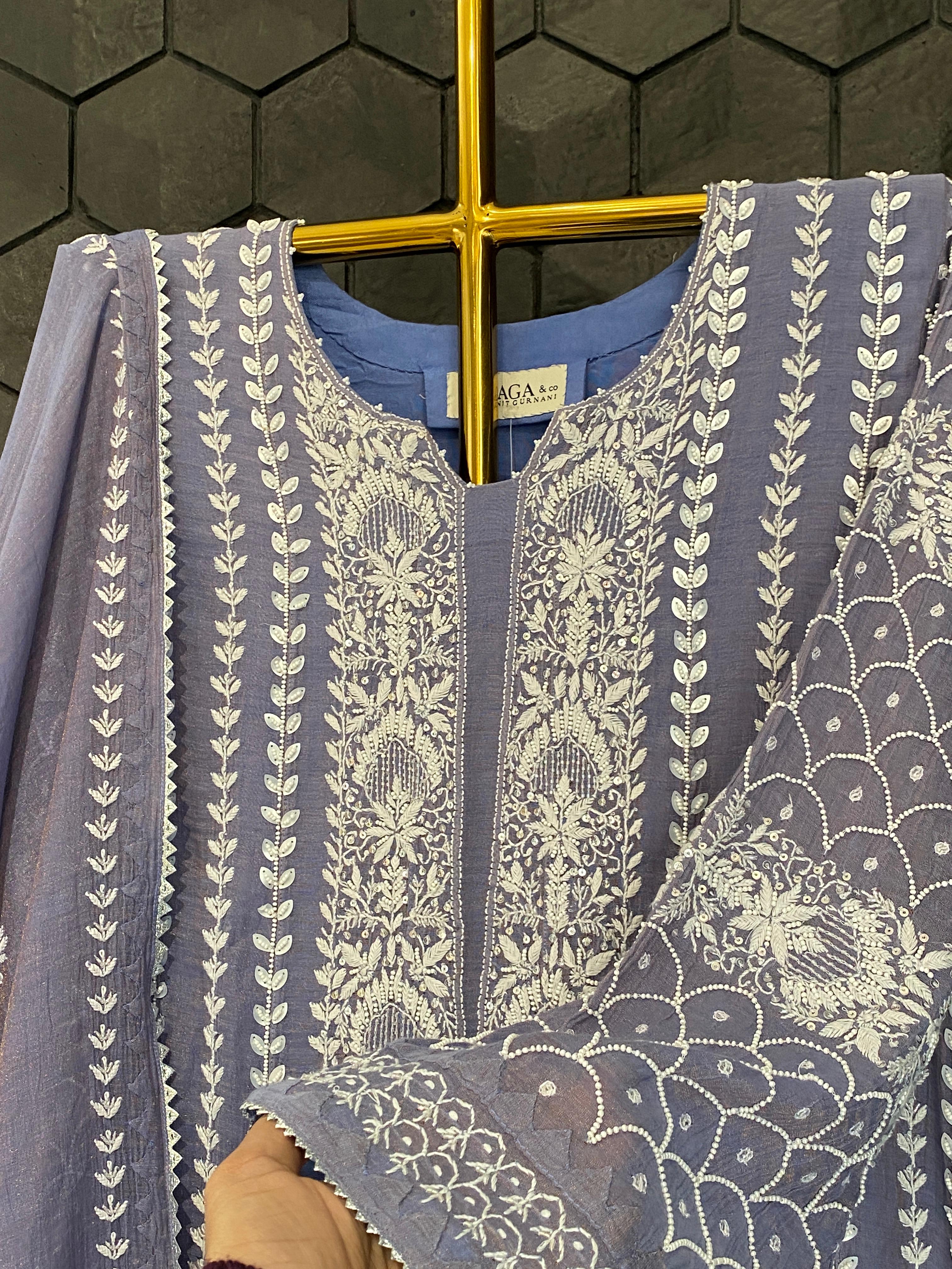 Purple Tissue Chikankari Anarkali Set