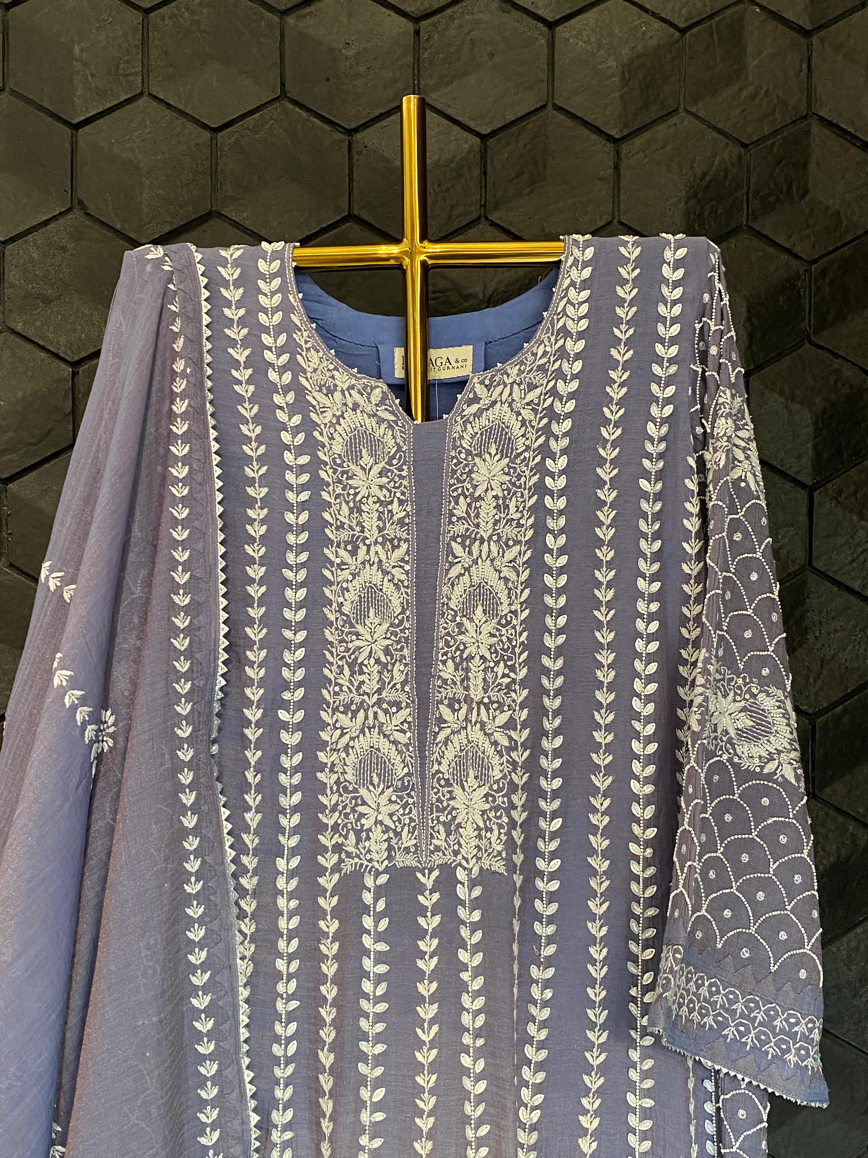 Purple Tissue Chikankari Anarkali Set