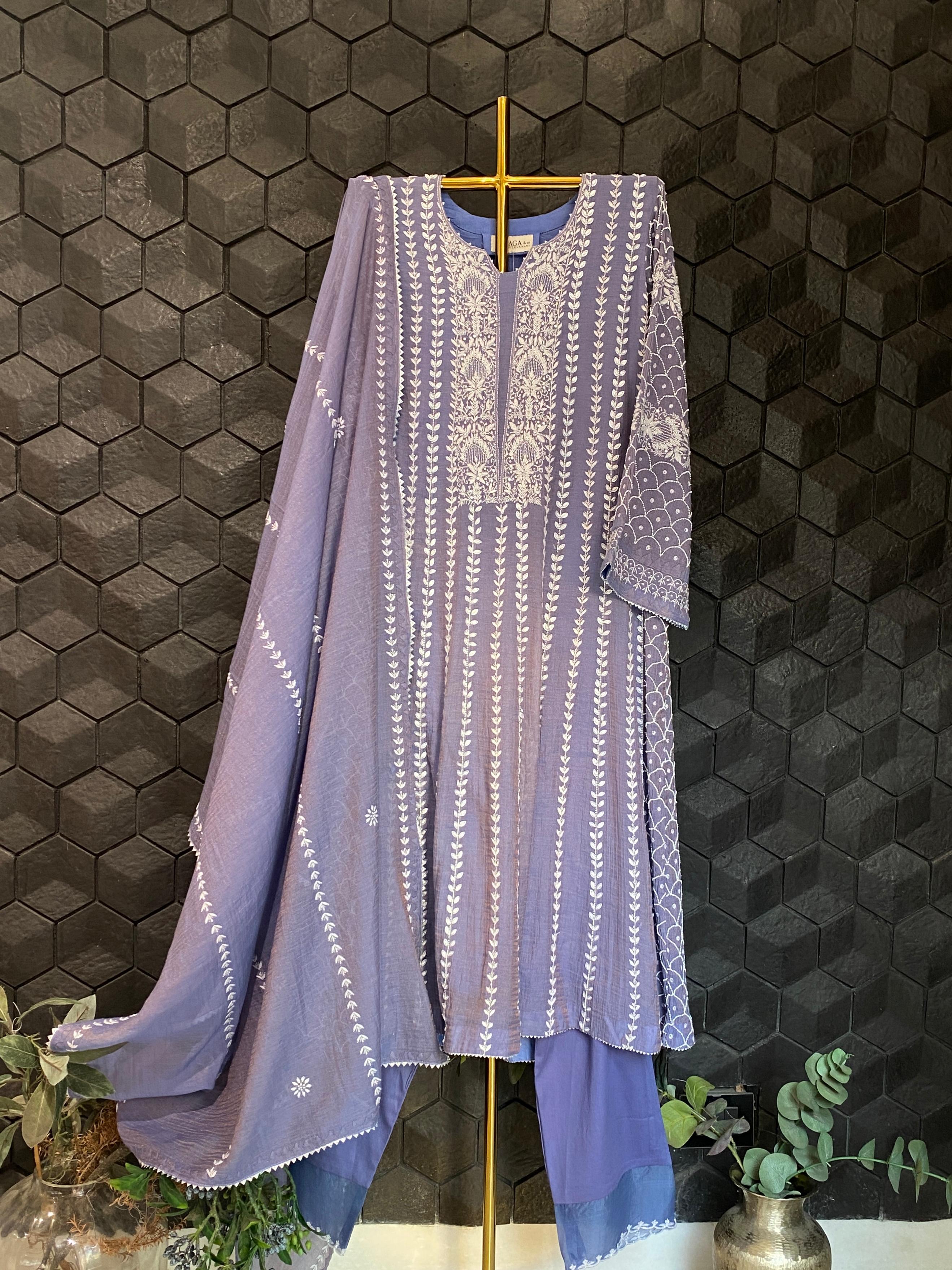 Purple Tissue Chikankari Anarkali Set