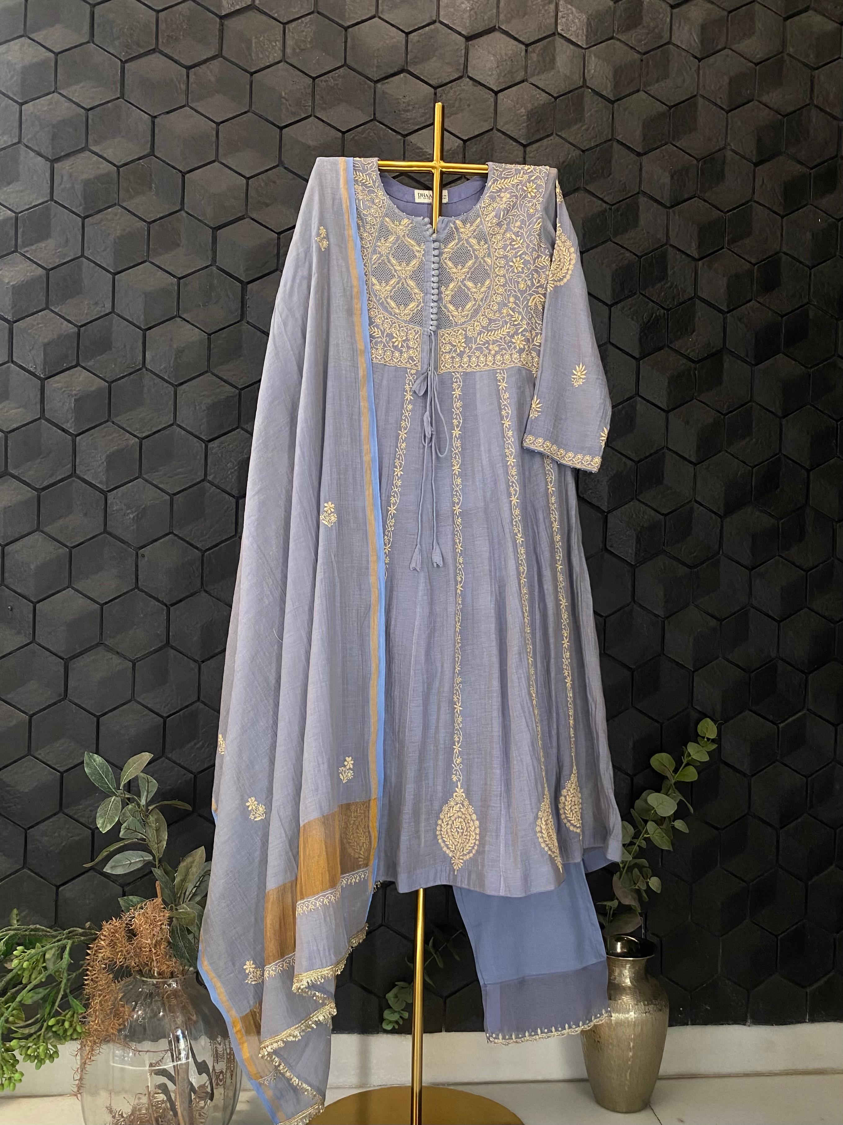 Purple Tissue Matka Neckline Chikankari Anarkali set