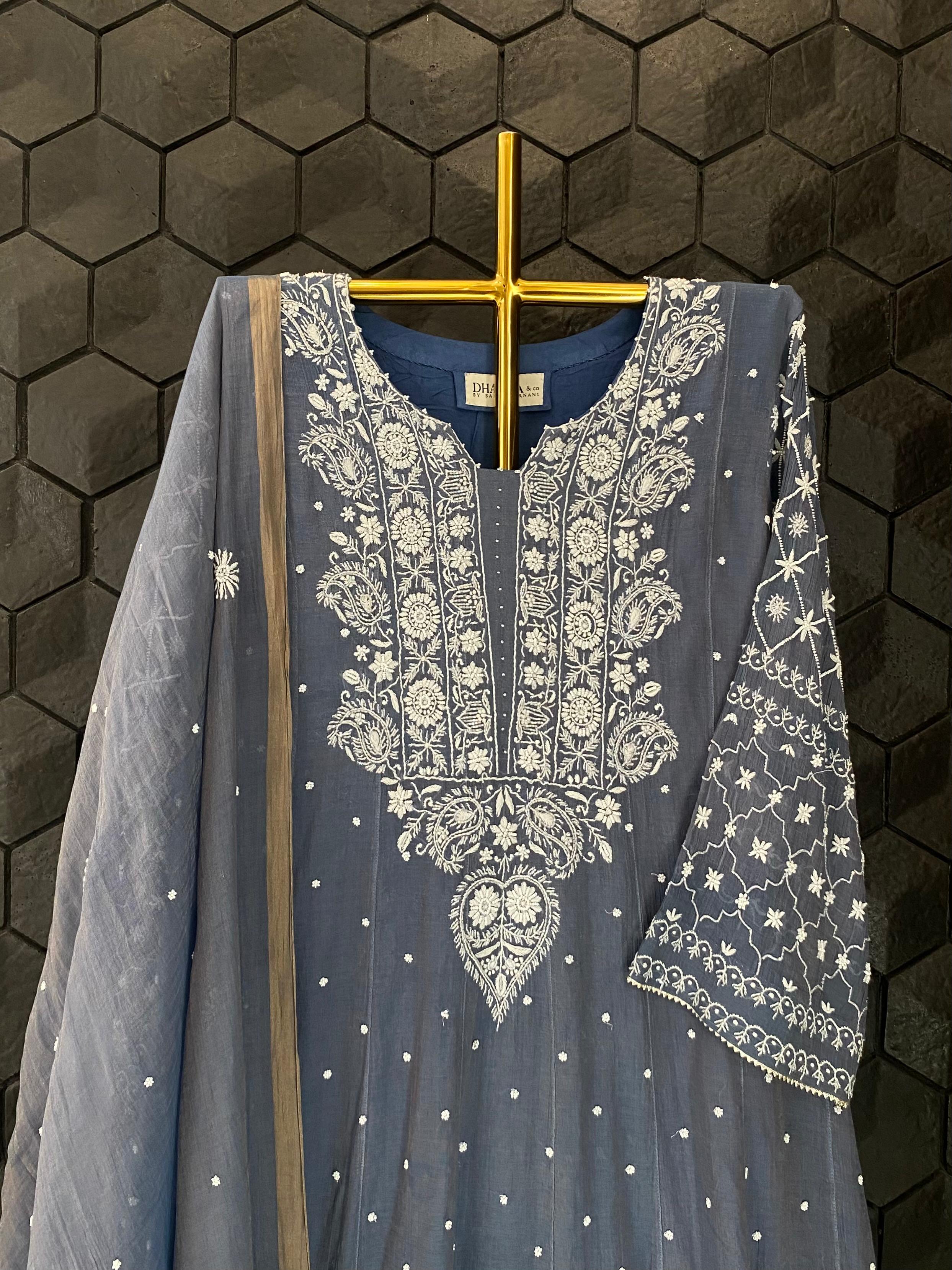 Blue golden tissue chikankari anarkali set