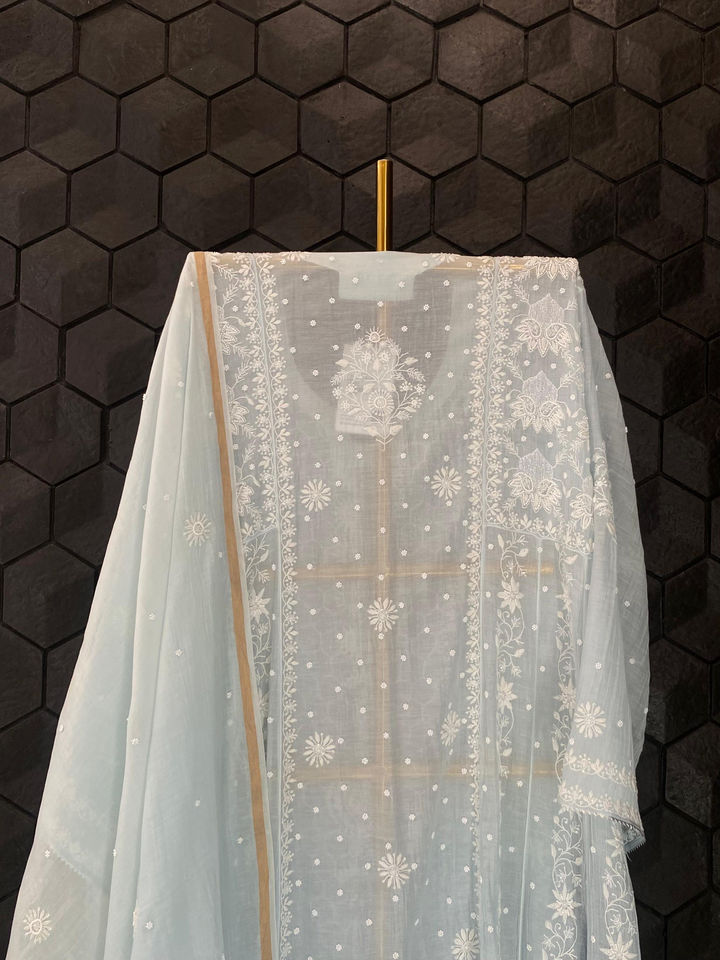 Sky blue mul chanderi chikankari anarkali set