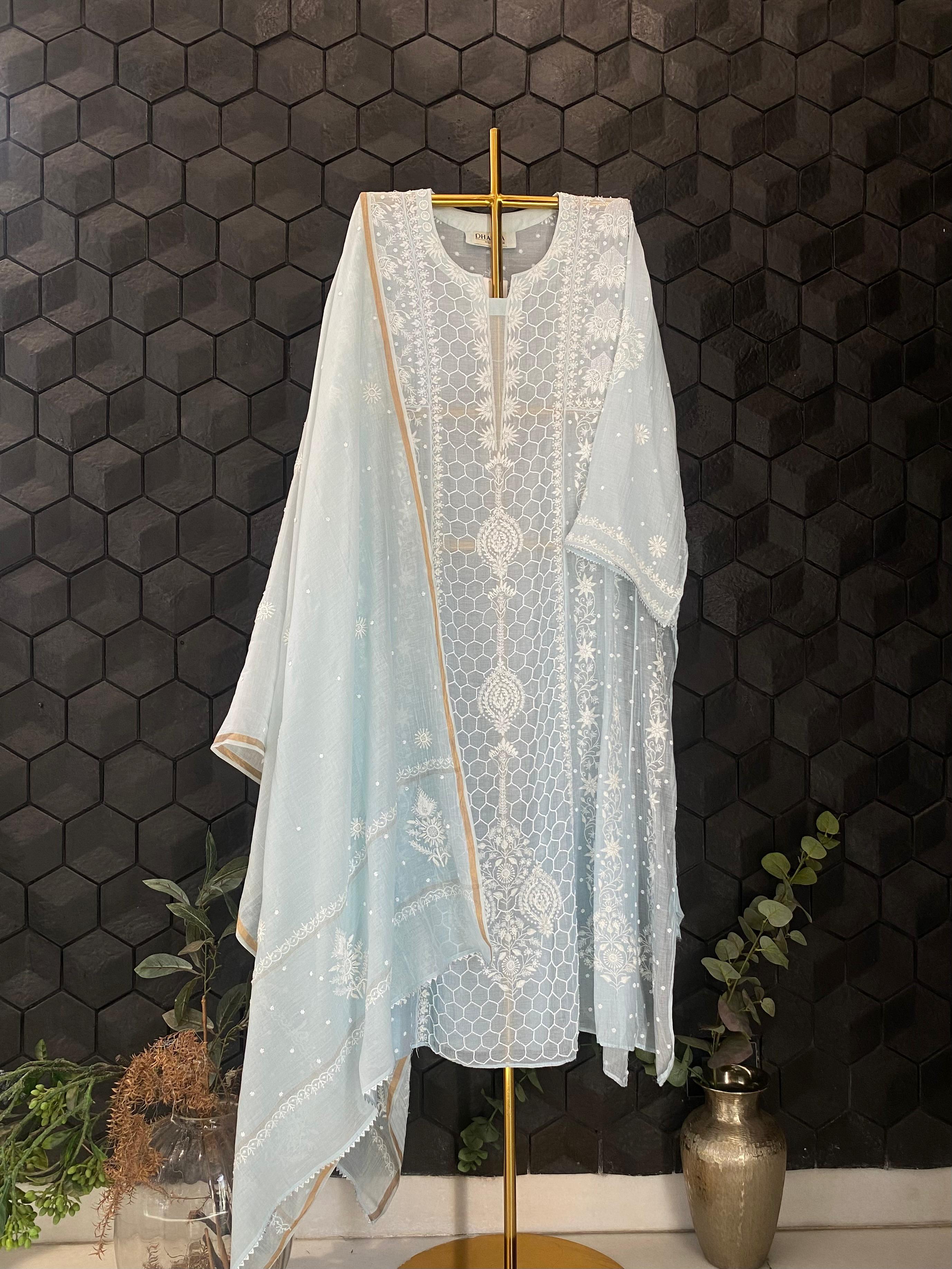 Sky blue mul chanderi chikankari anarkali set