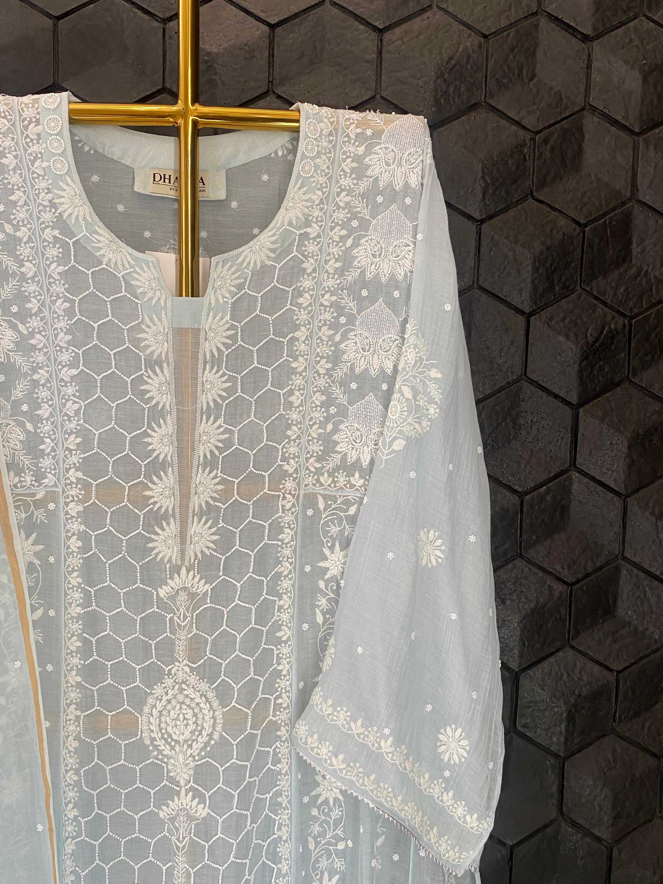 Sky blue mul chanderi chikankari anarkali set