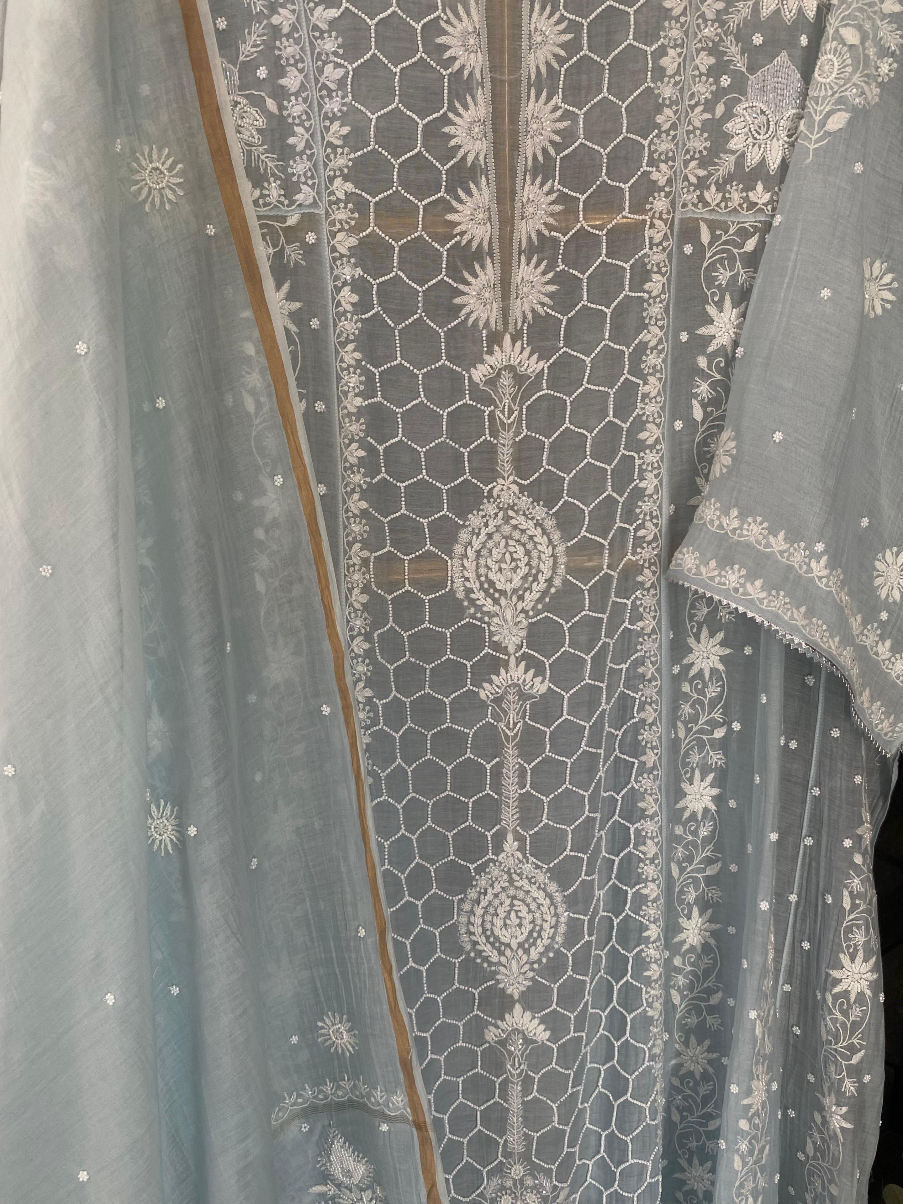 Sky blue mul chanderi chikankari anarkali set