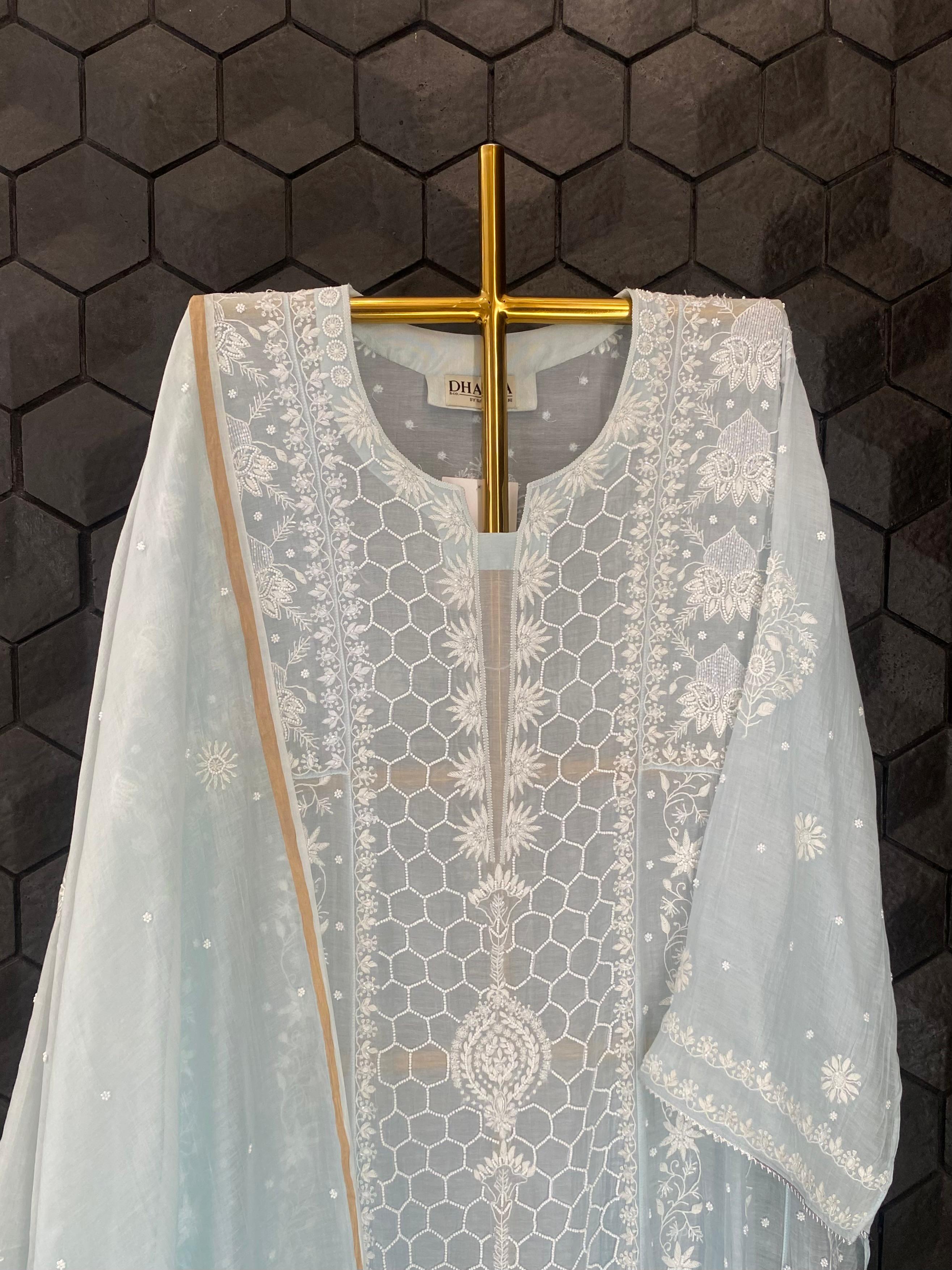 Sky blue mul chanderi chikankari anarkali set