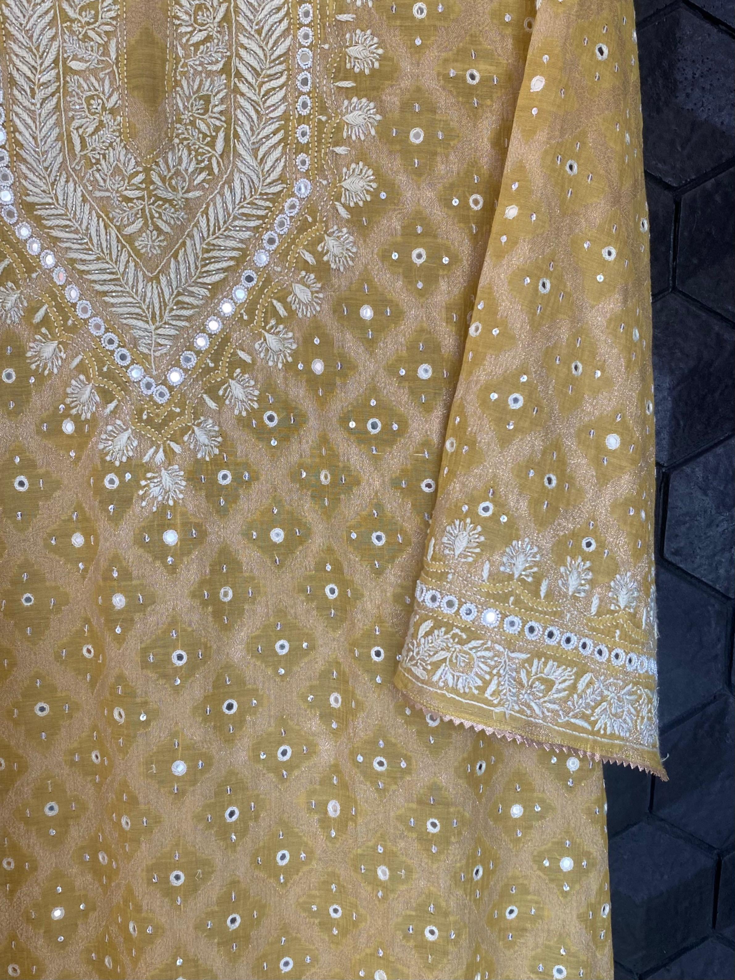 Yellow Golden Tissue Chikankari kurta set