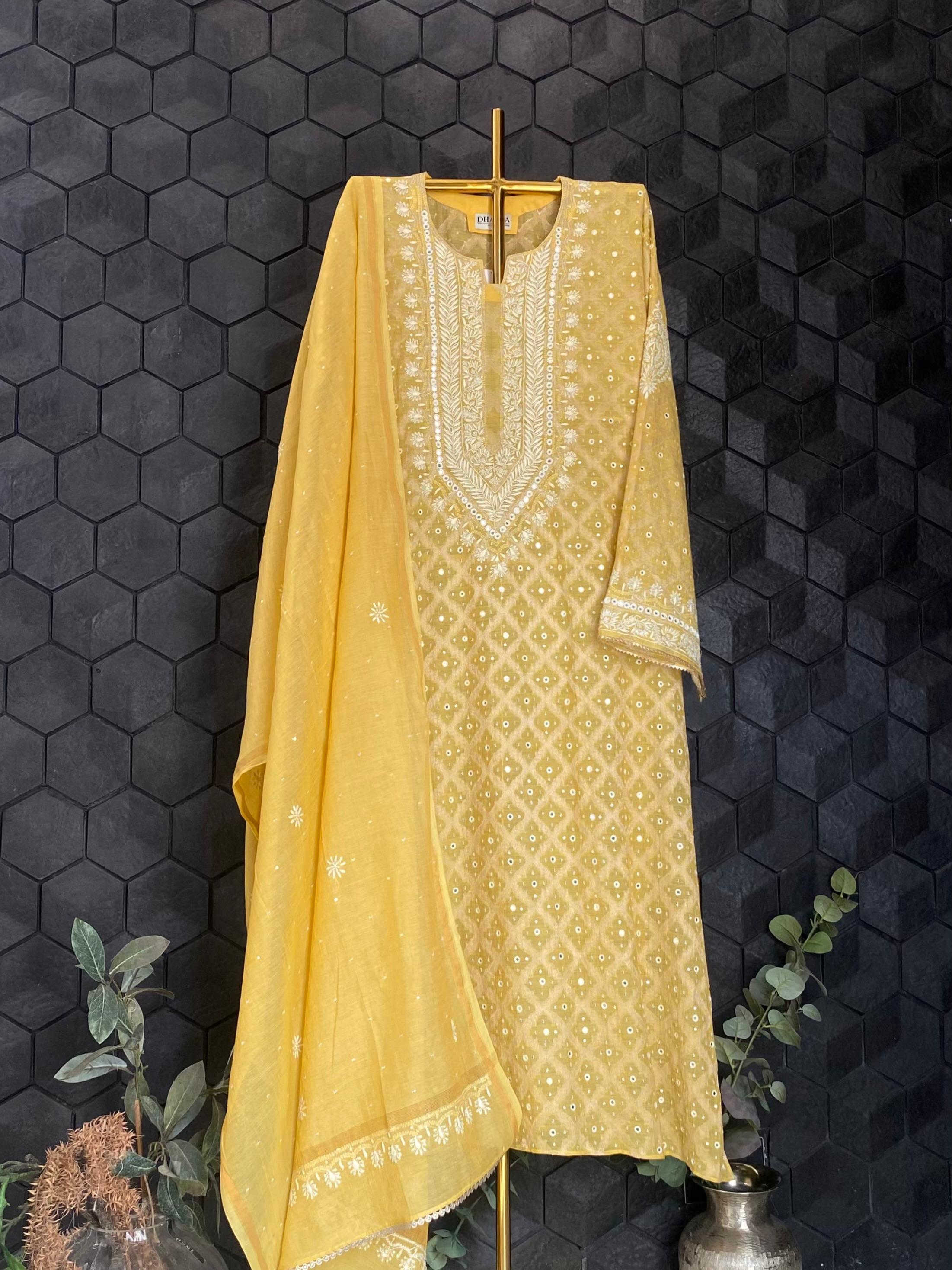 Yellow Golden Tissue Chikankari kurta set