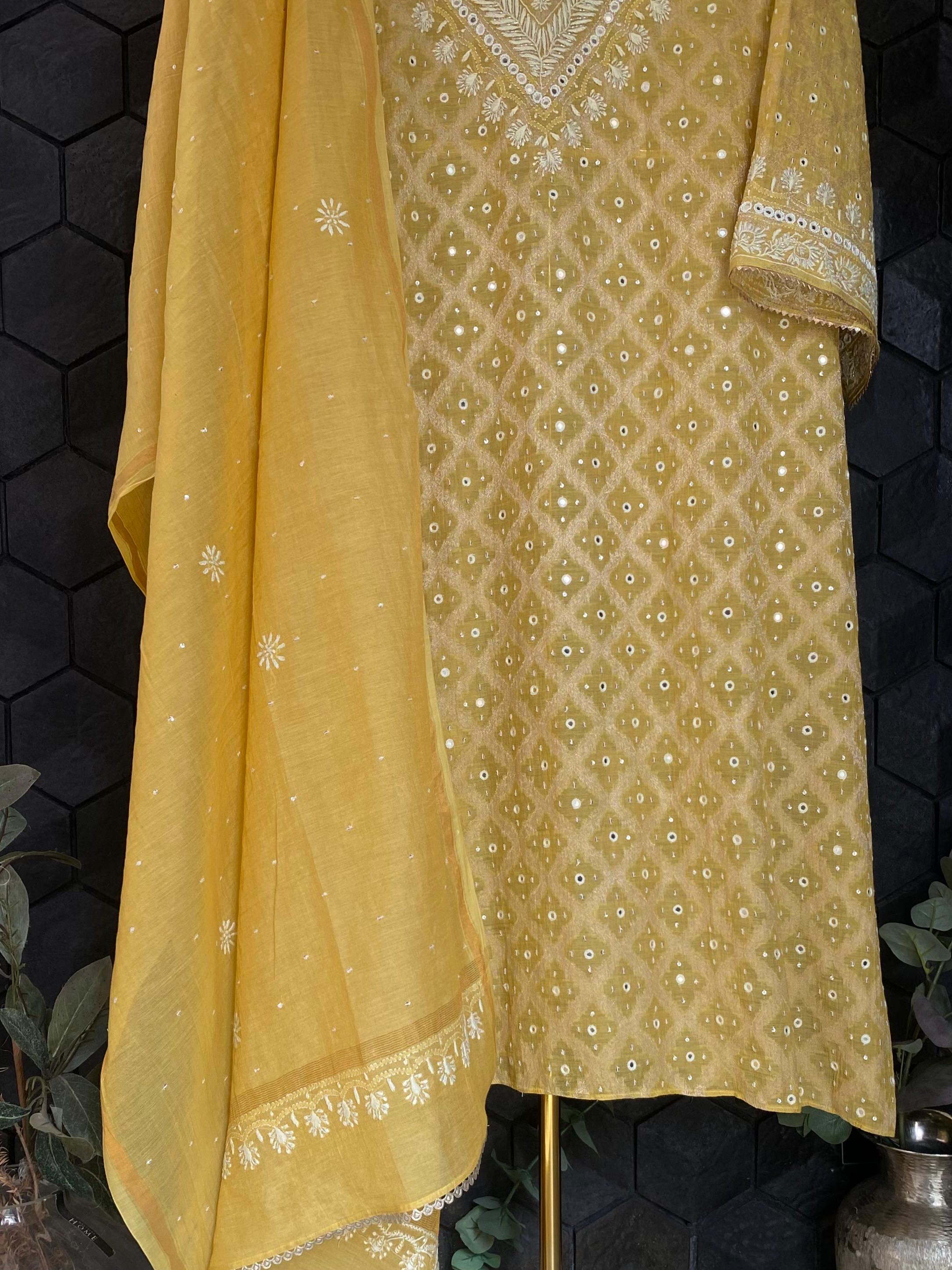 Yellow Golden Tissue Chikankari kurta set
