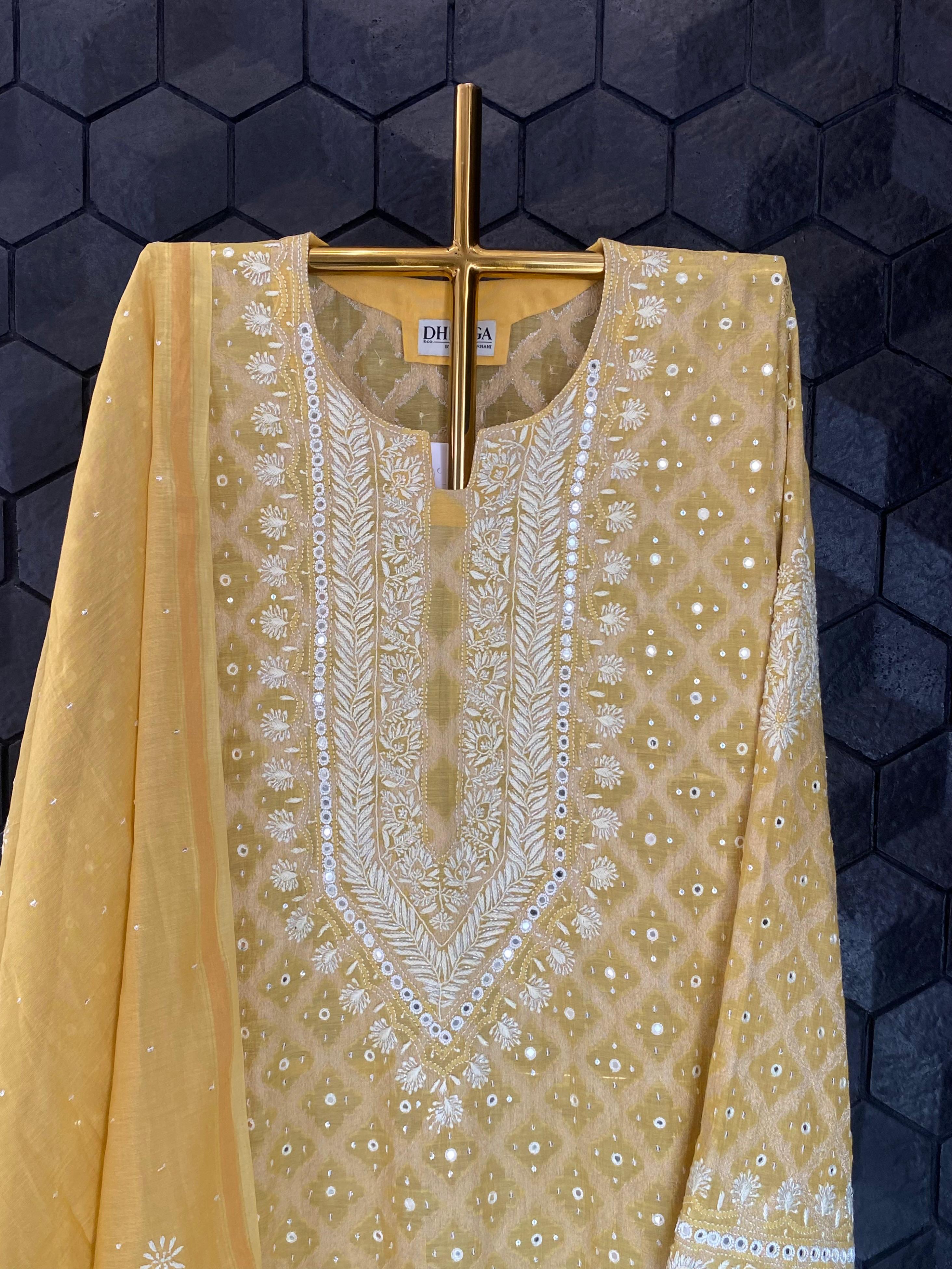 Yellow Golden Tissue Chikankari kurta set