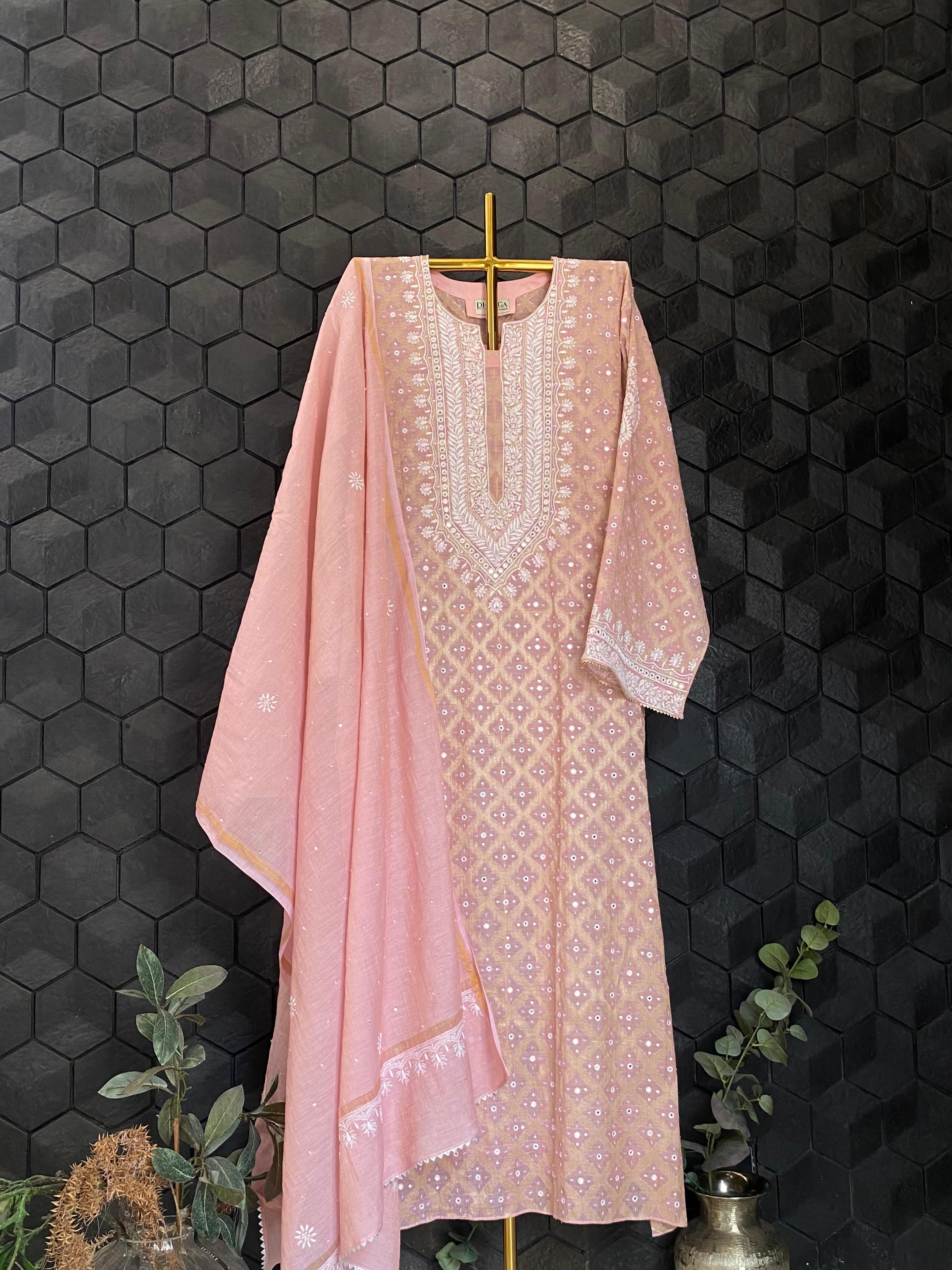 Pink Golden tissue chikankari kurta set