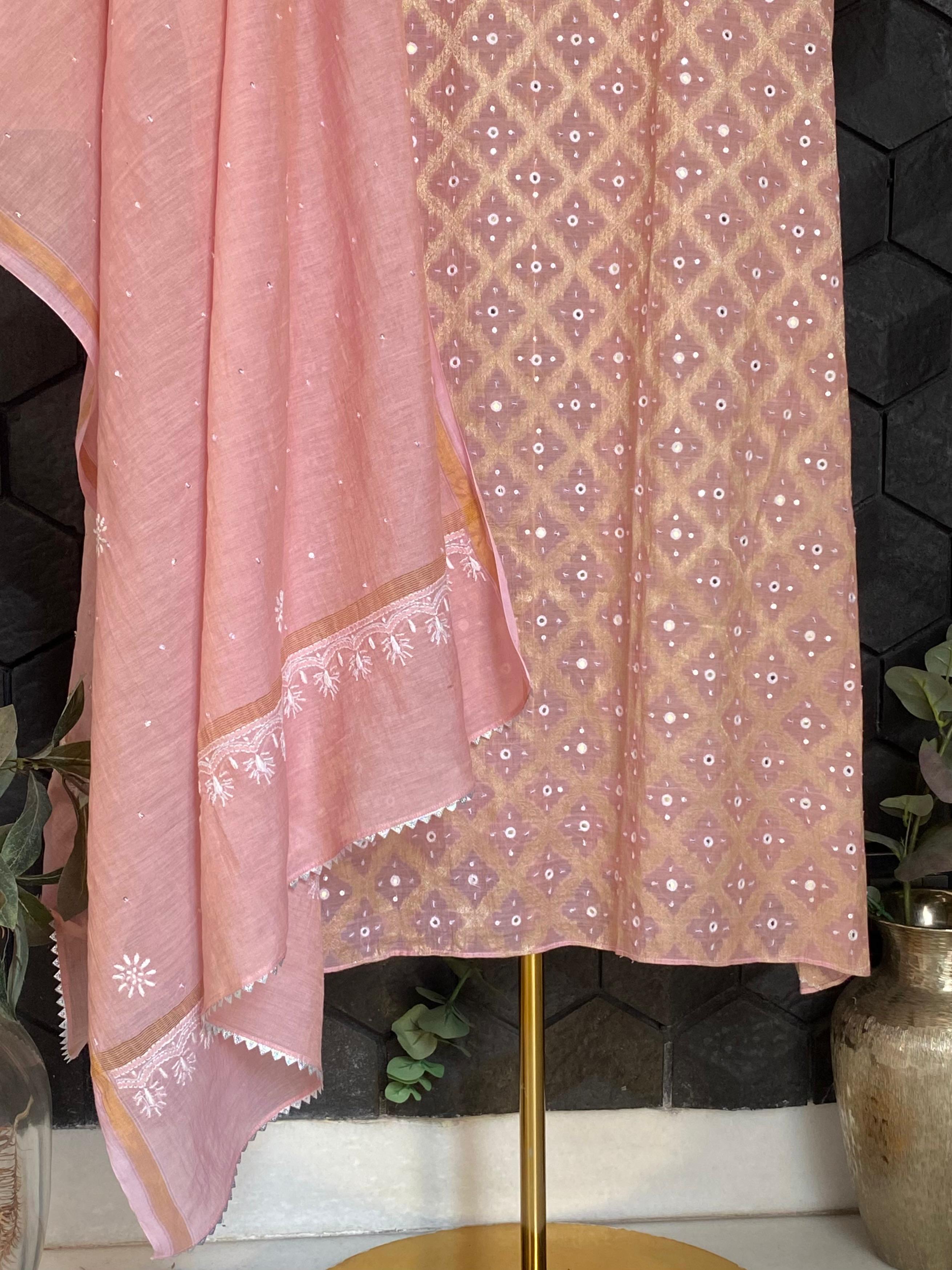 Pink Golden tissue chikankari kurta set