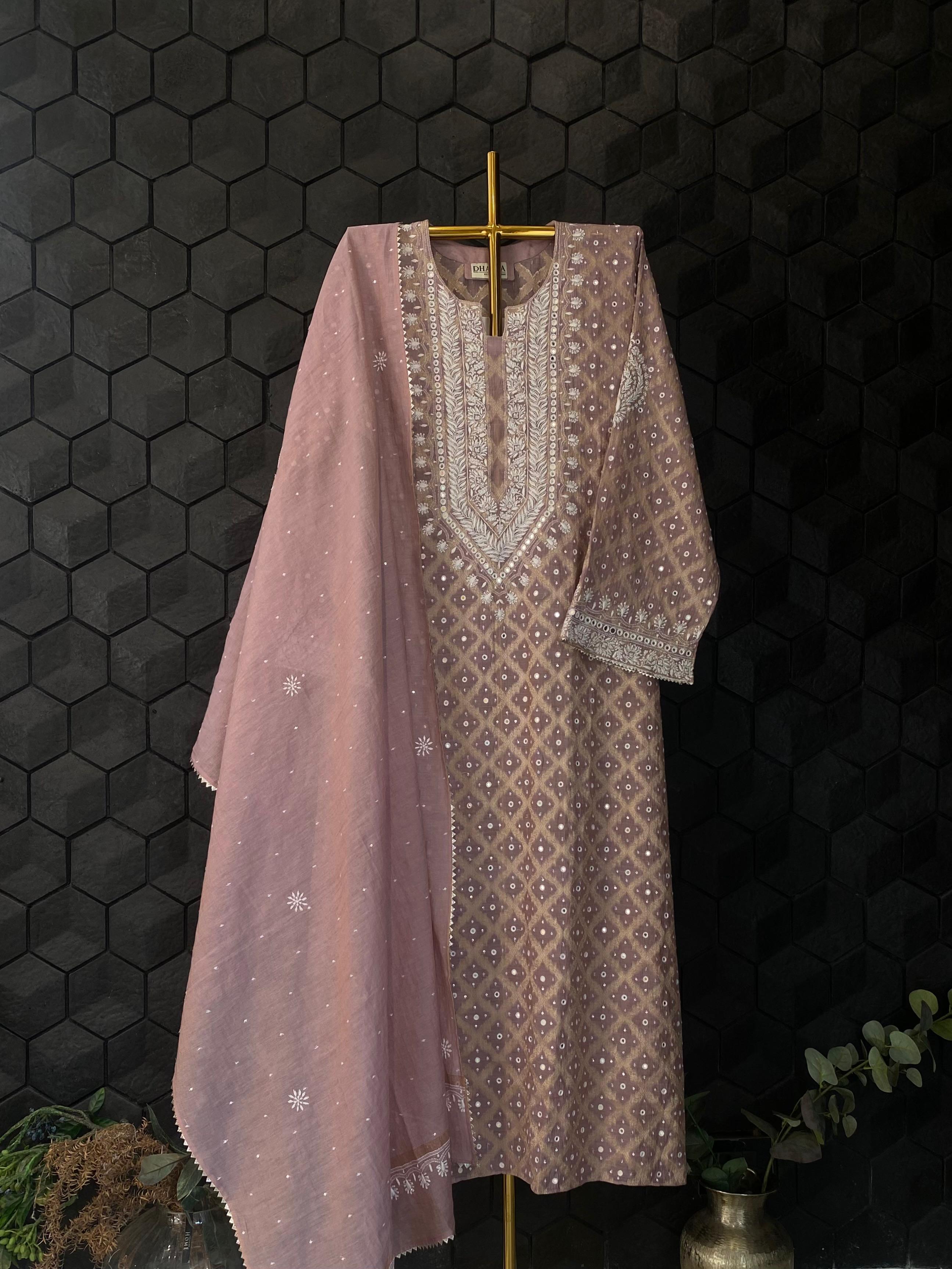 Lavendar Banarasi tissue chikankari kurta set