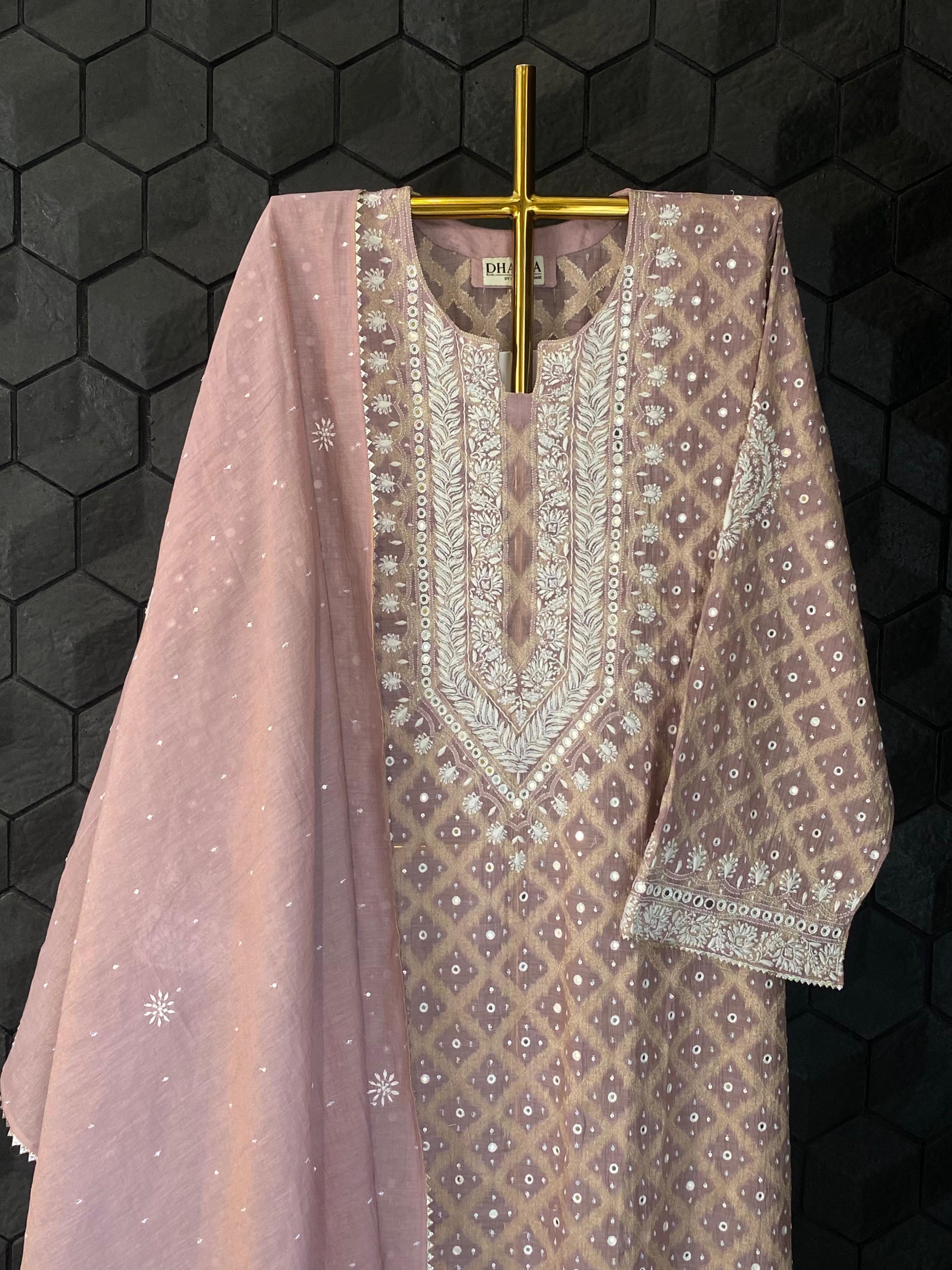 Lavendar Banarasi tissue chikankari kurta set
