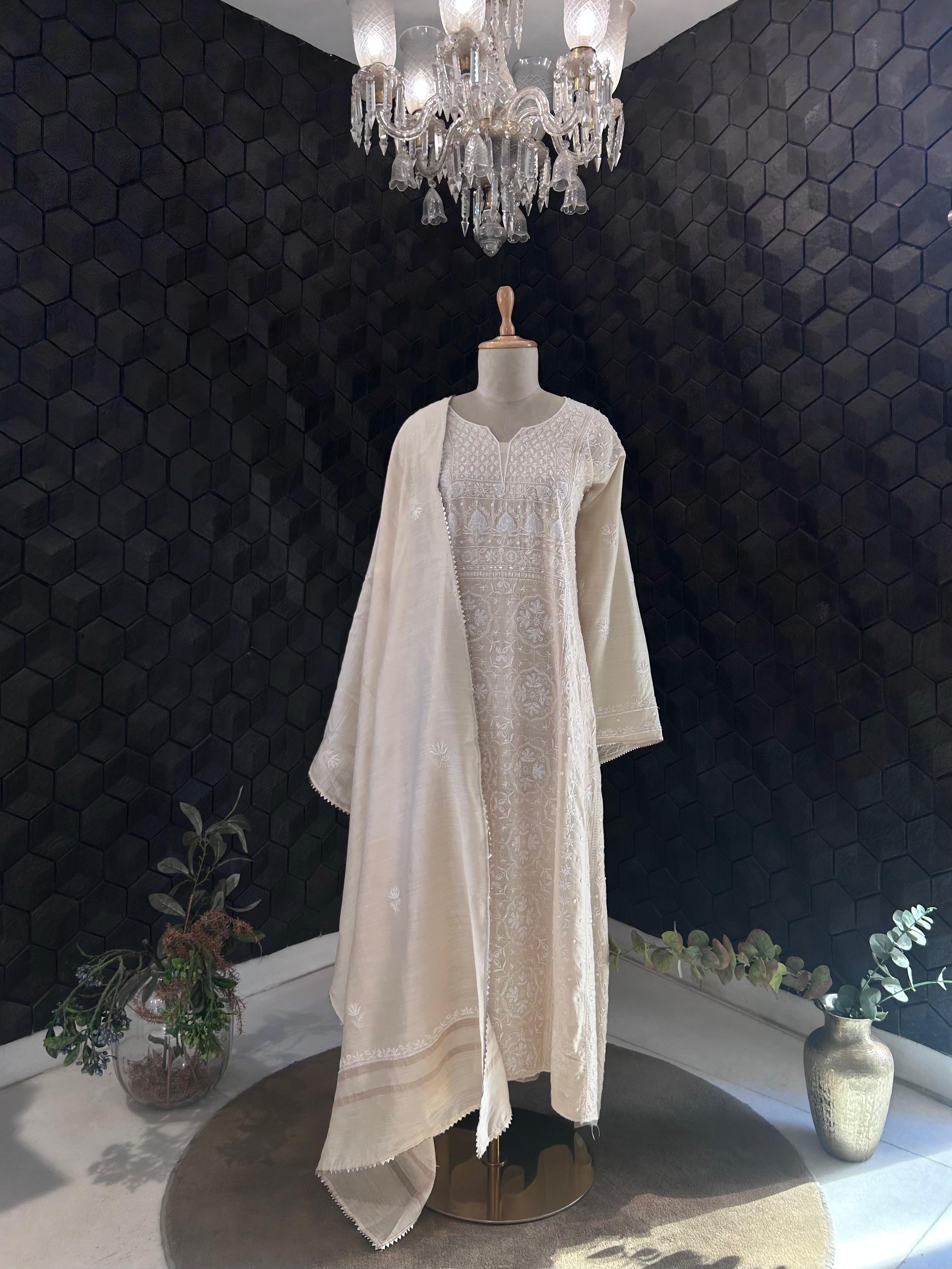 Beige Munga Silk Chikankari Anarkali Set