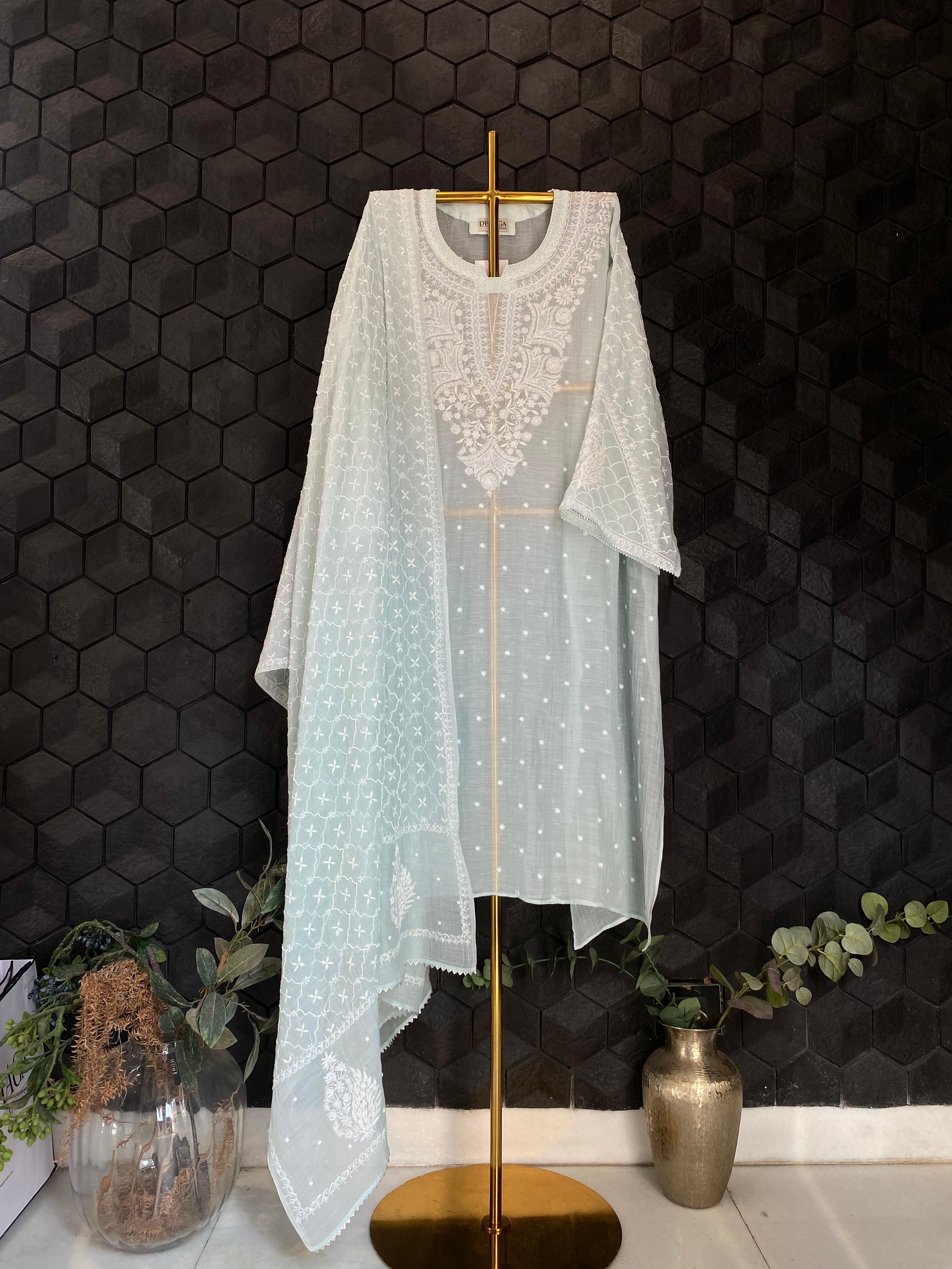 Sea Green Mul Chanderi Chikankari Kurta Set
