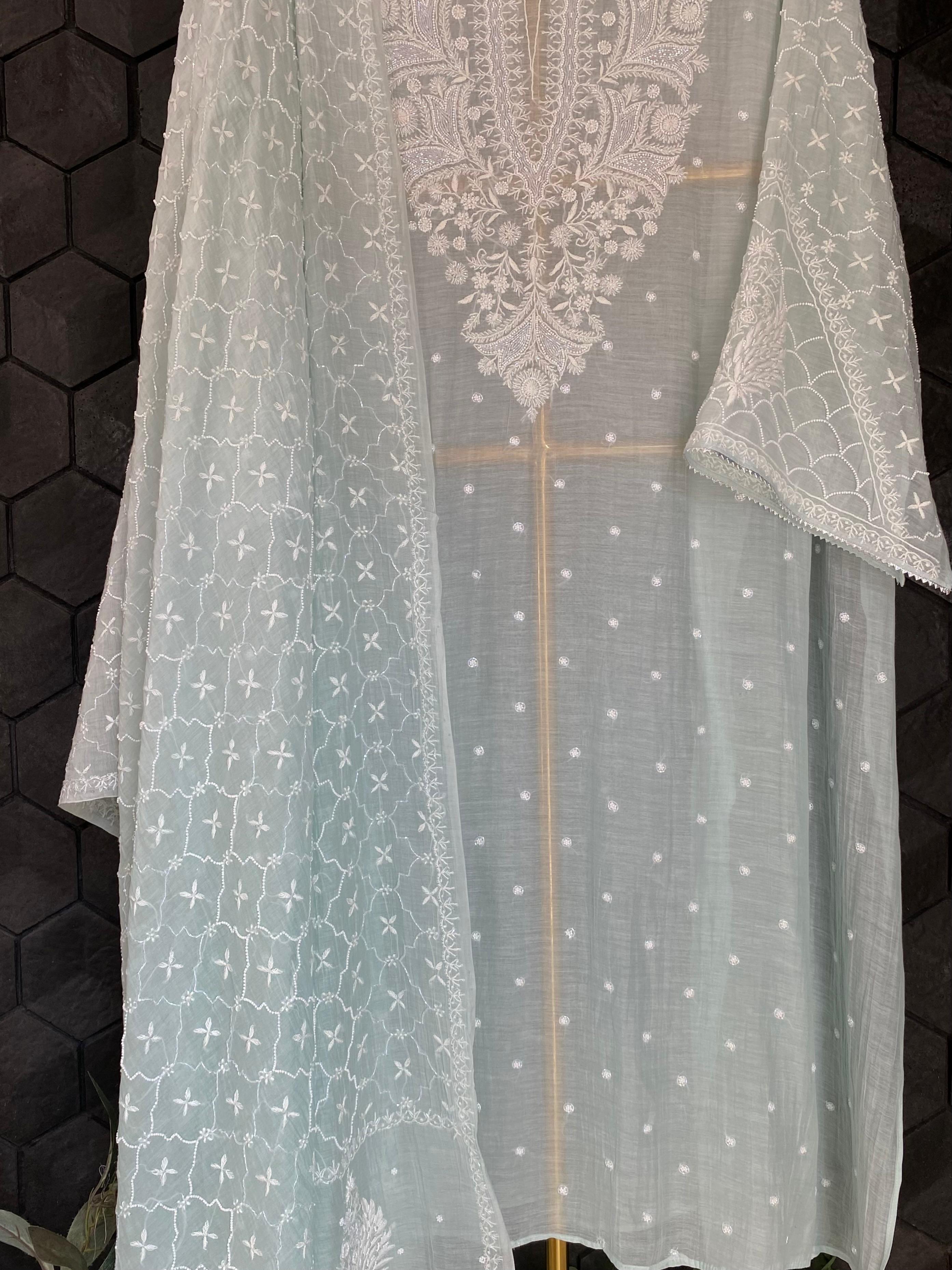 Sea Green Mul Chanderi Chikankari Kurta Set