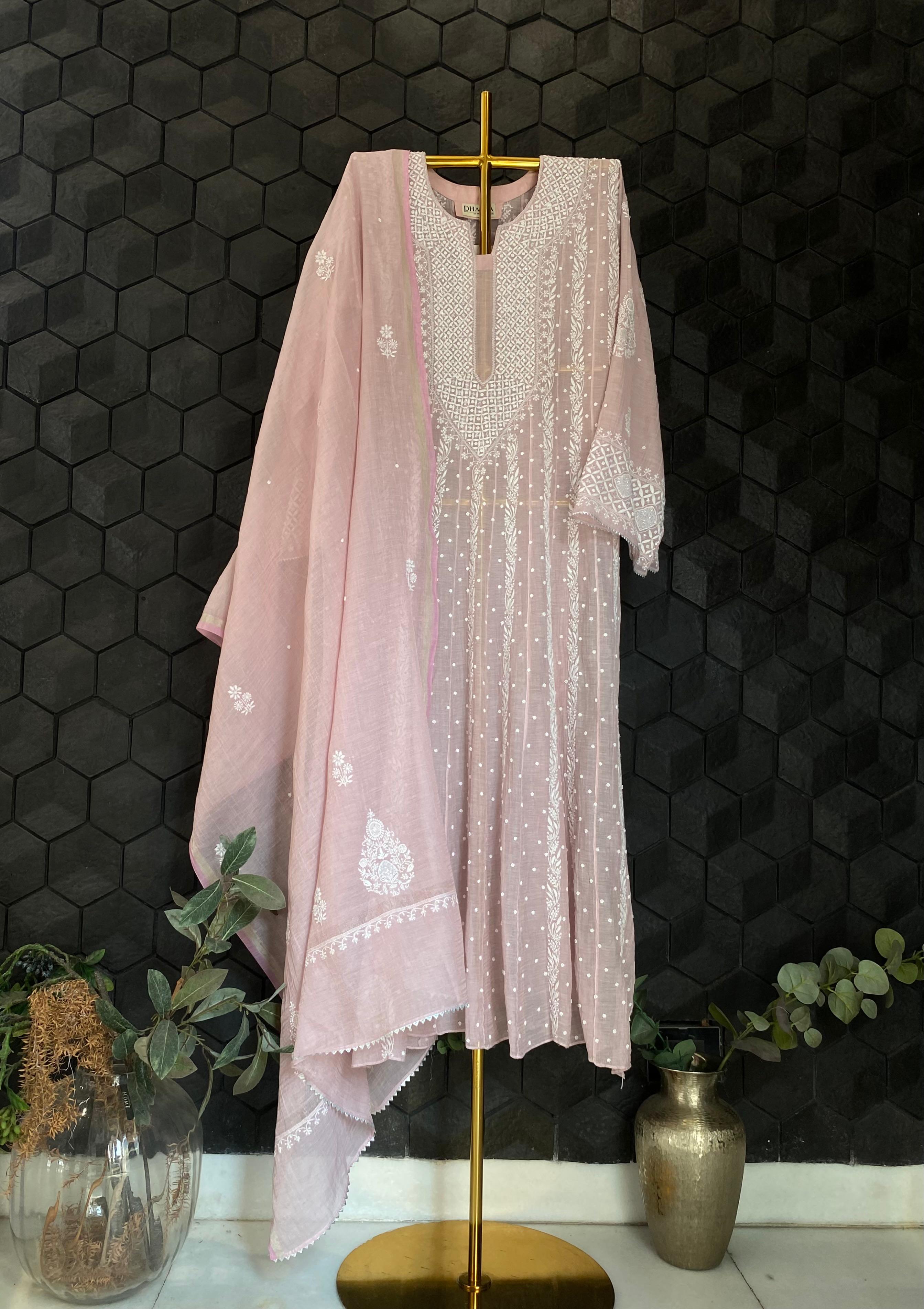 Pink Silver Tissue Chikankari Anarkali Set