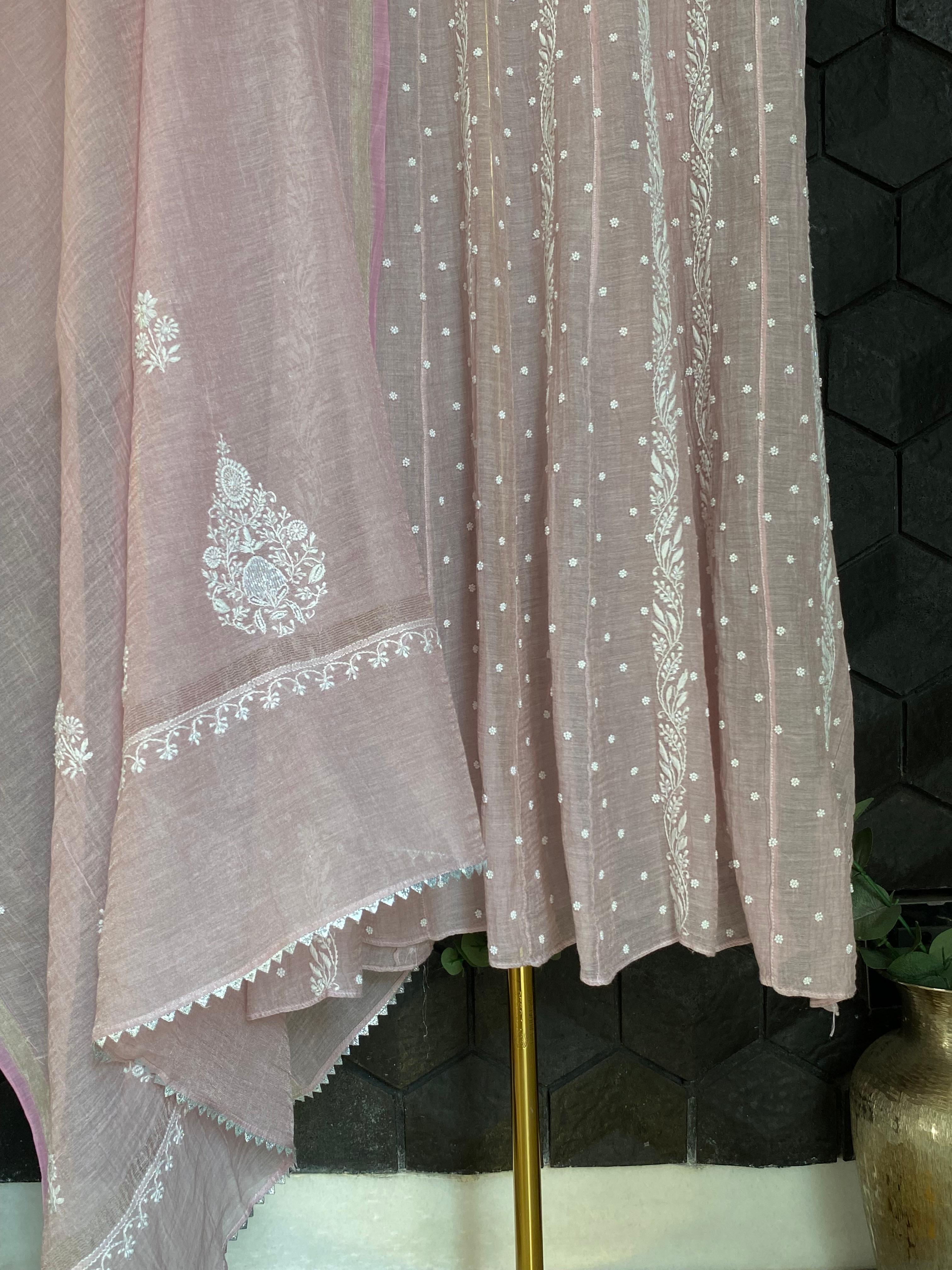 Pink Silver Tissue Chikankari Anarkali Set
