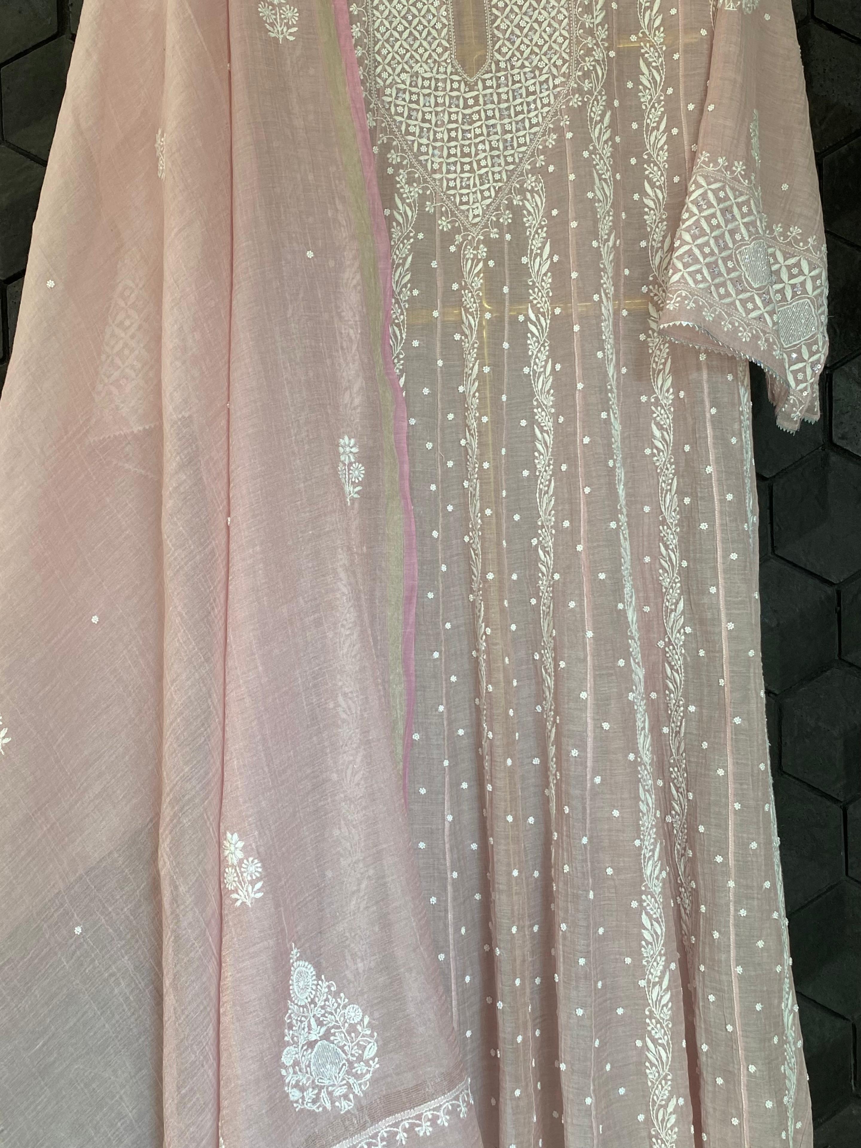 Pink Silver Tissue Chikankari Anarkali Set