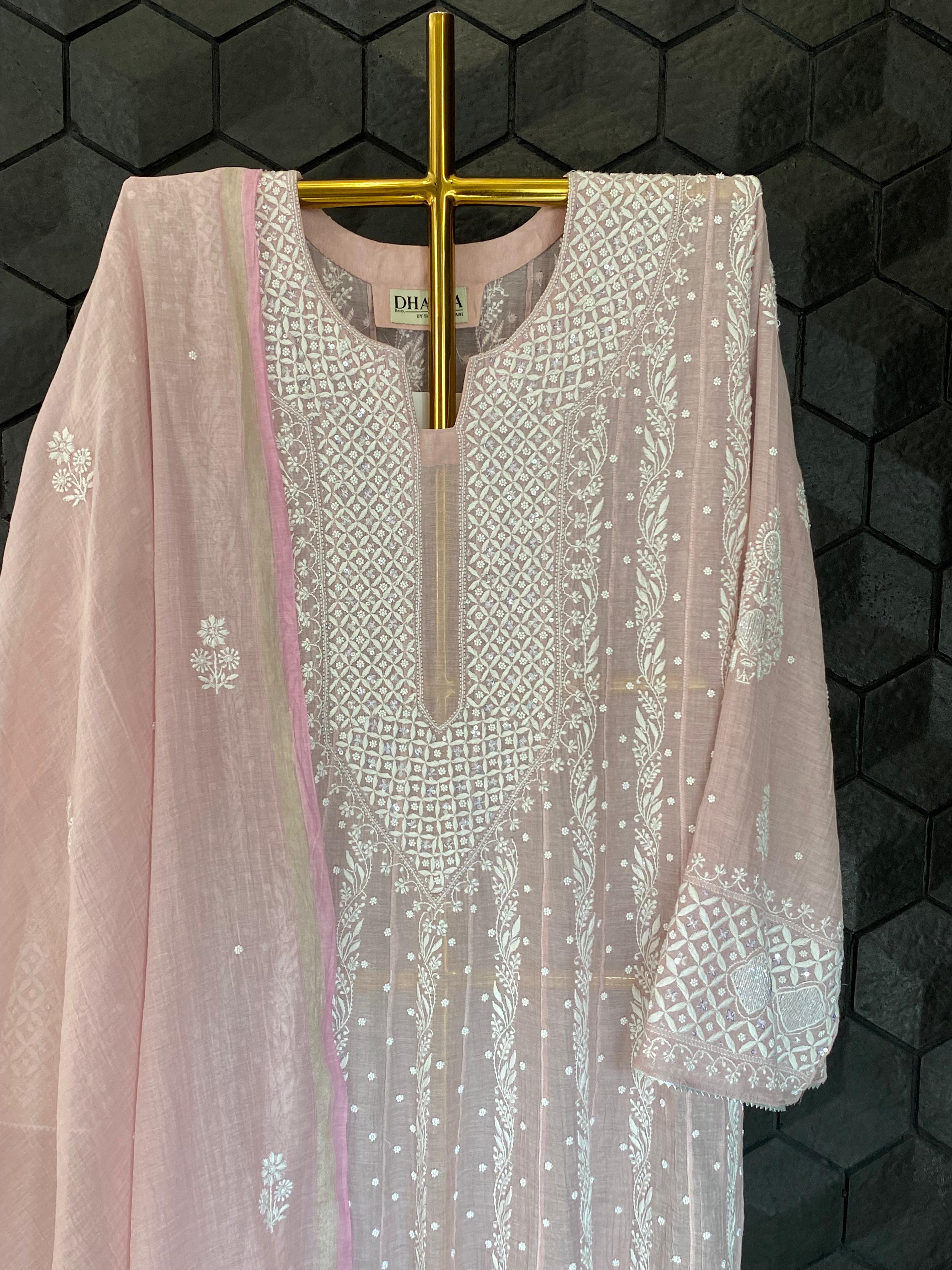 Pink Silver Tissue Chikankari Anarkali Set