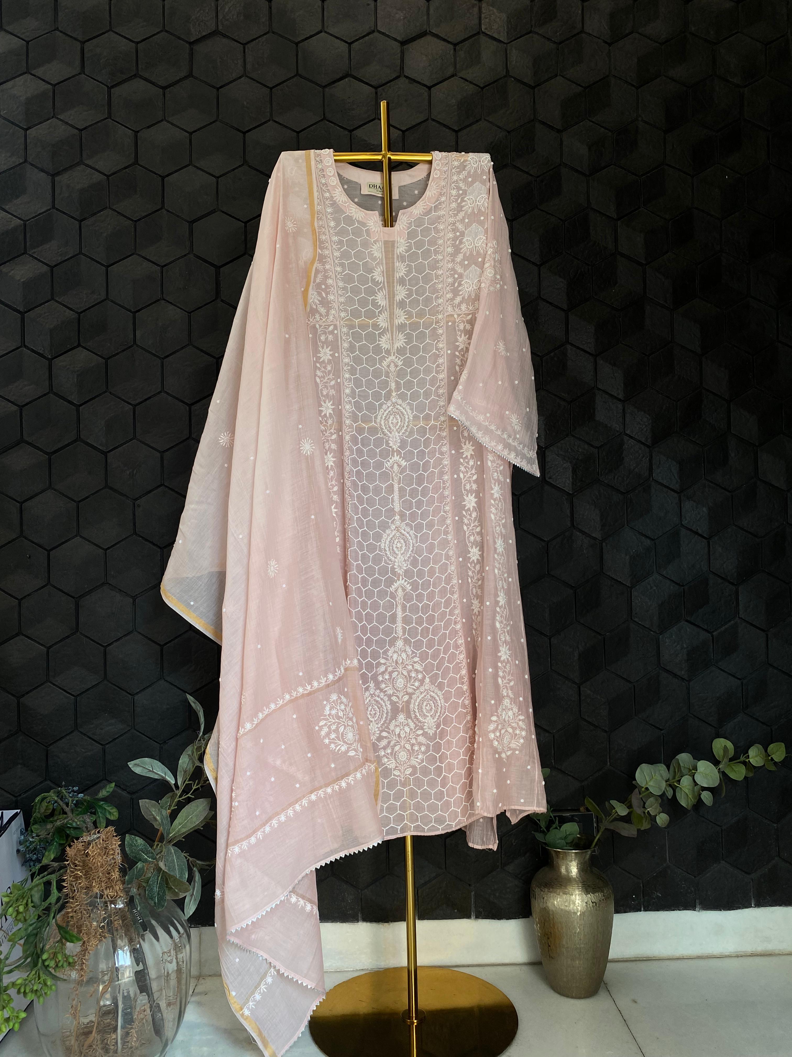Pink Mul Chanderi Chikankari Anarkali Set