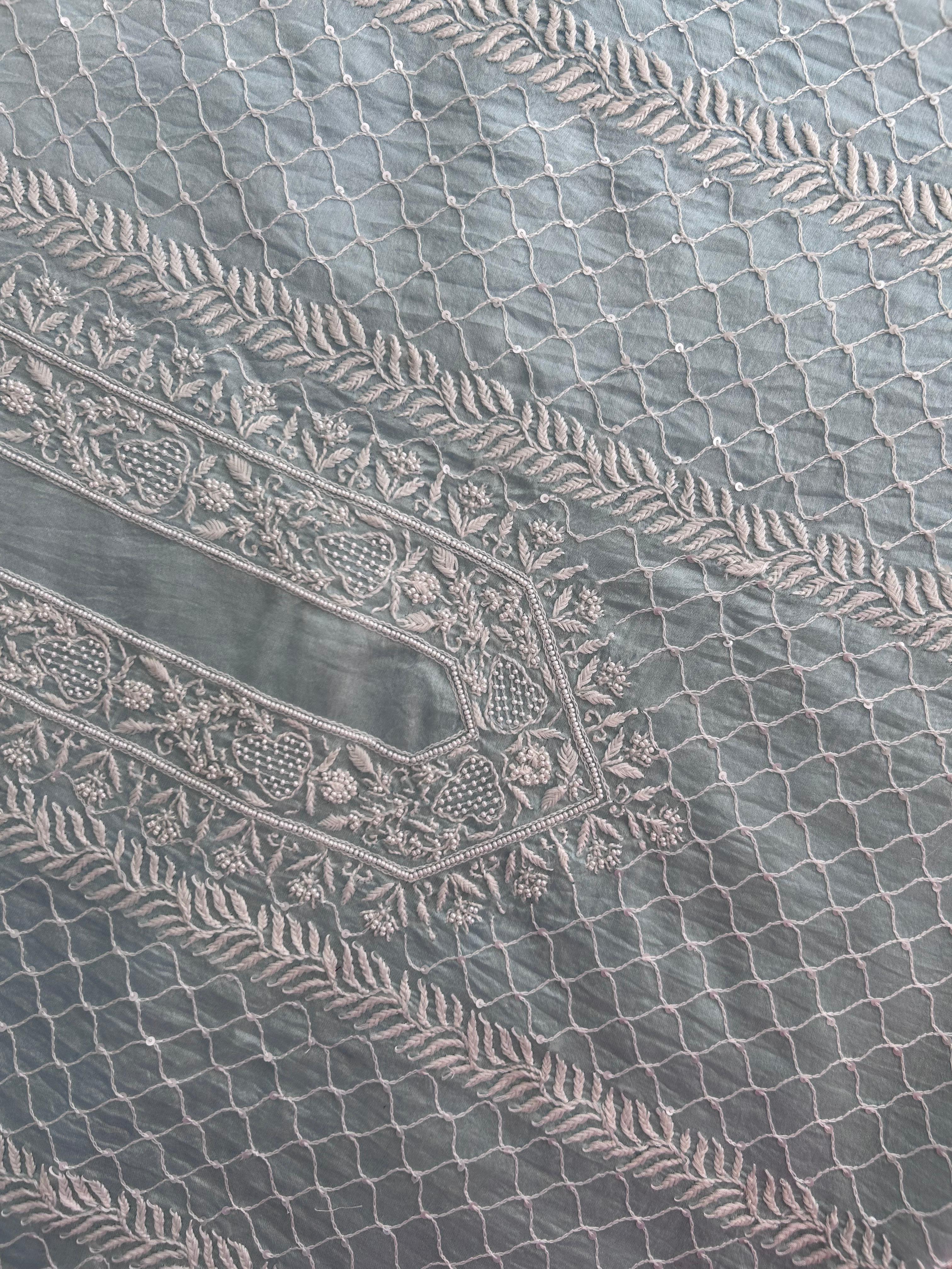 Sky Blue Mens Chanderi Chikankari Kurta