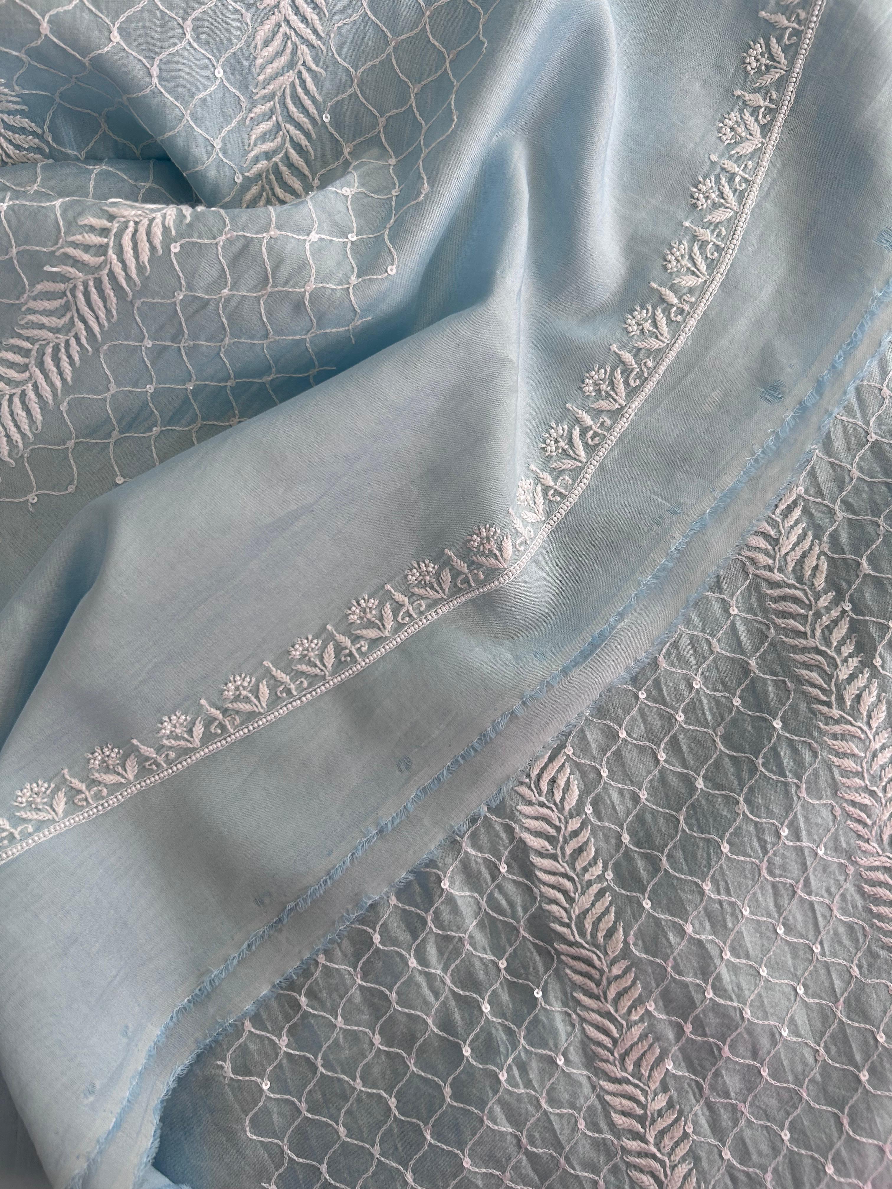 Sky Blue Mens Chanderi Chikankari Kurta