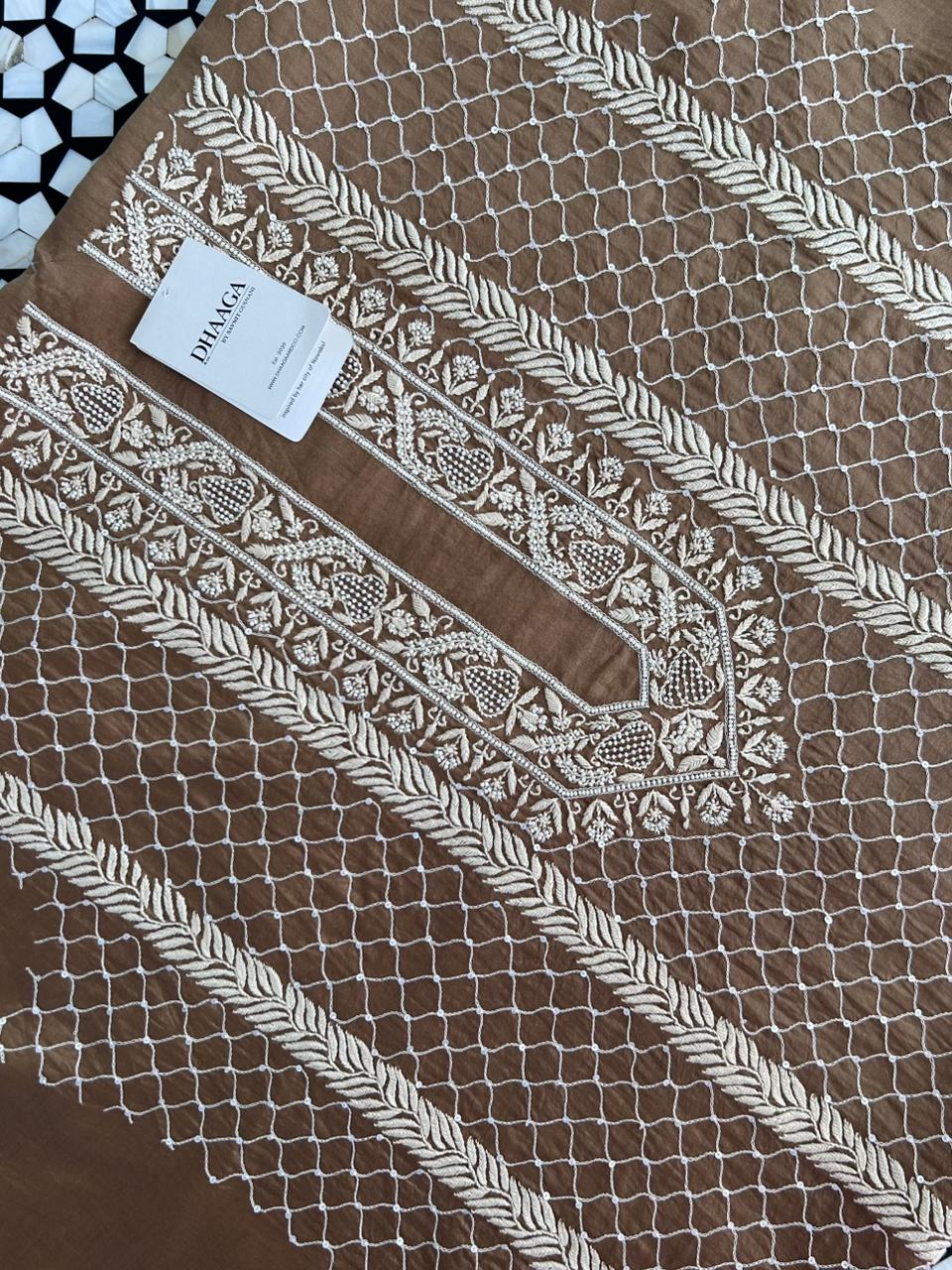 Brown Mens Chanderi Chikankari kurta