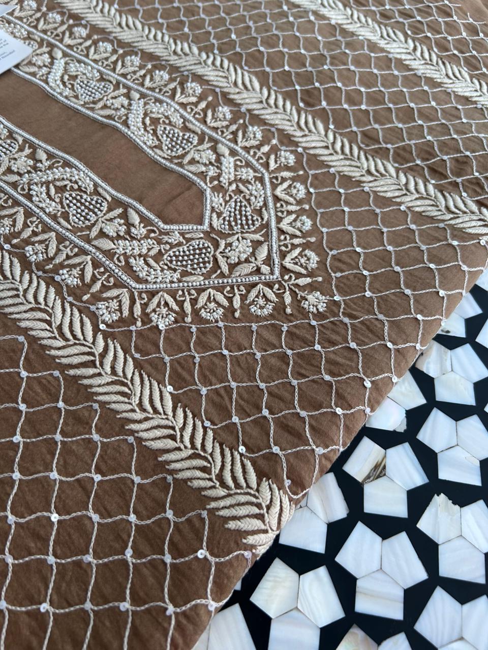 Brown Mens Chanderi Chikankari kurta