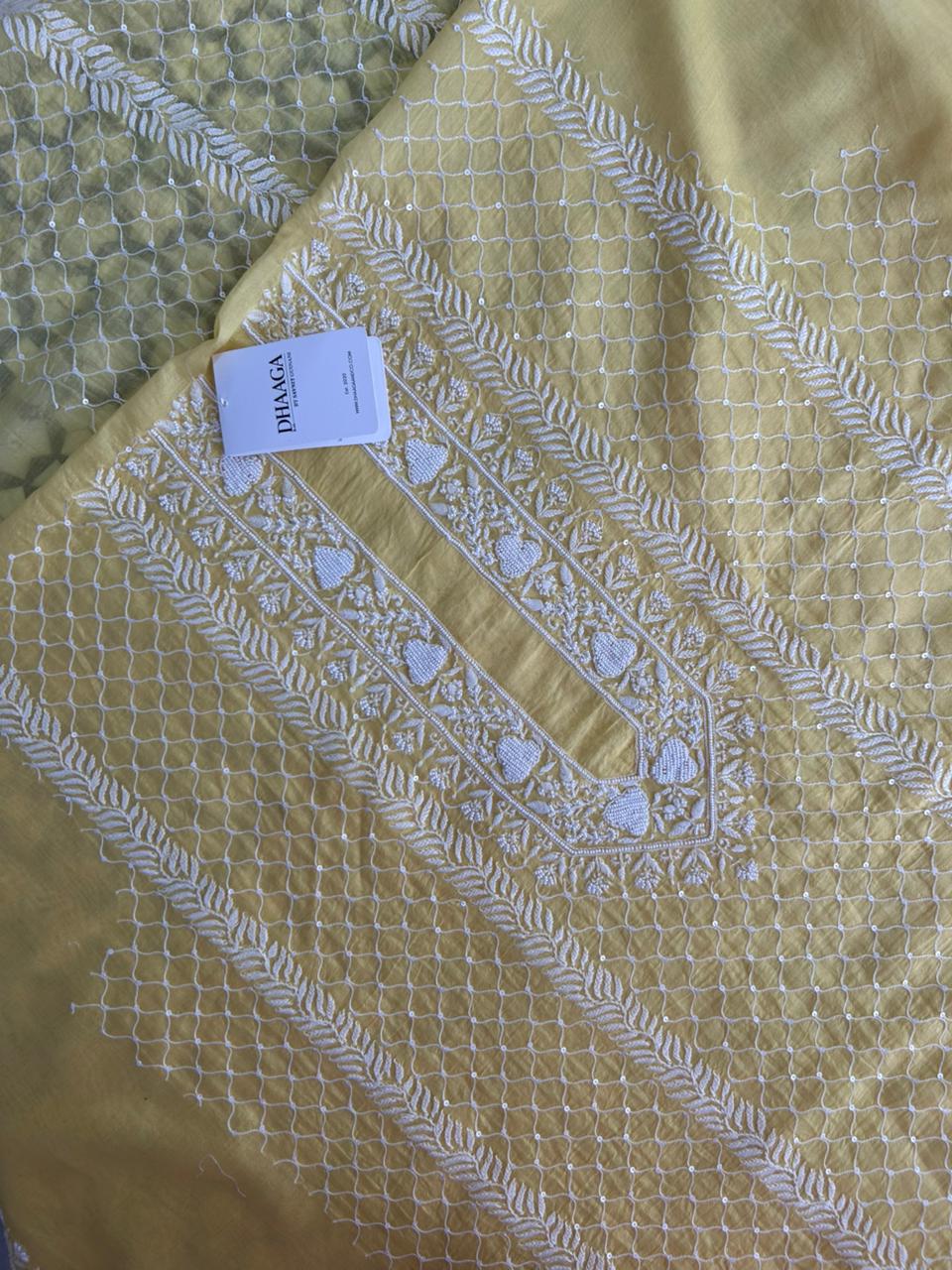Yellow Mens Chanderi Chikankari Kurta