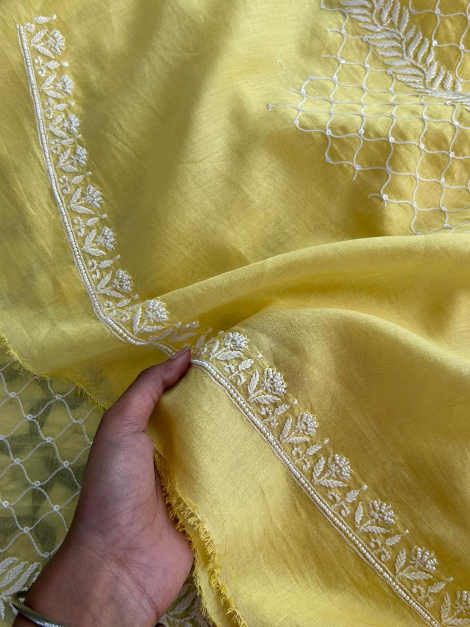 Yellow Mens Chanderi Chikankari Kurta