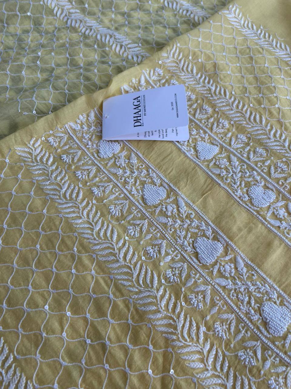 Yellow Mens Chanderi Chikankari Kurta