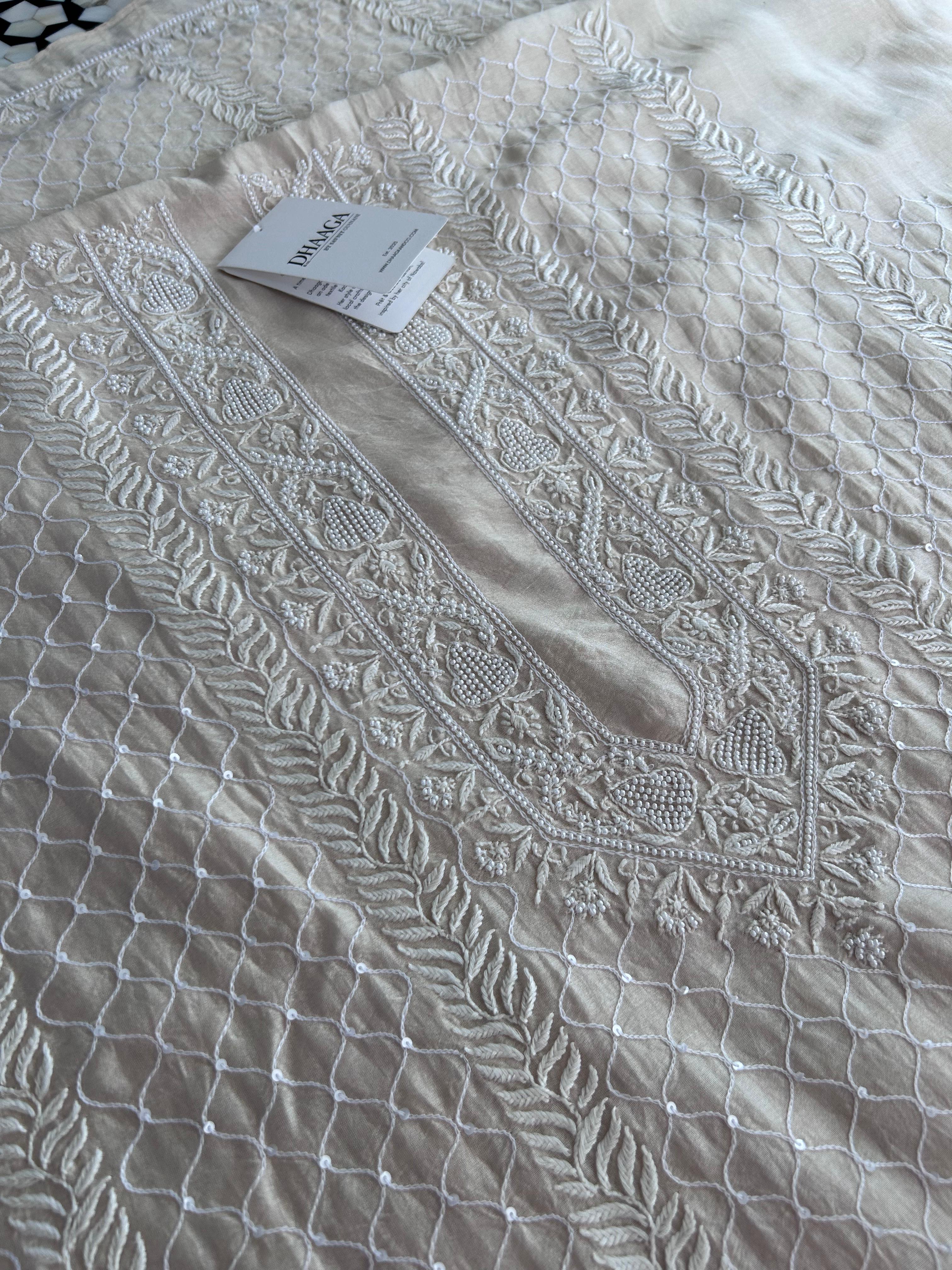 Beige Mens Chanderi Chikankari Kurta