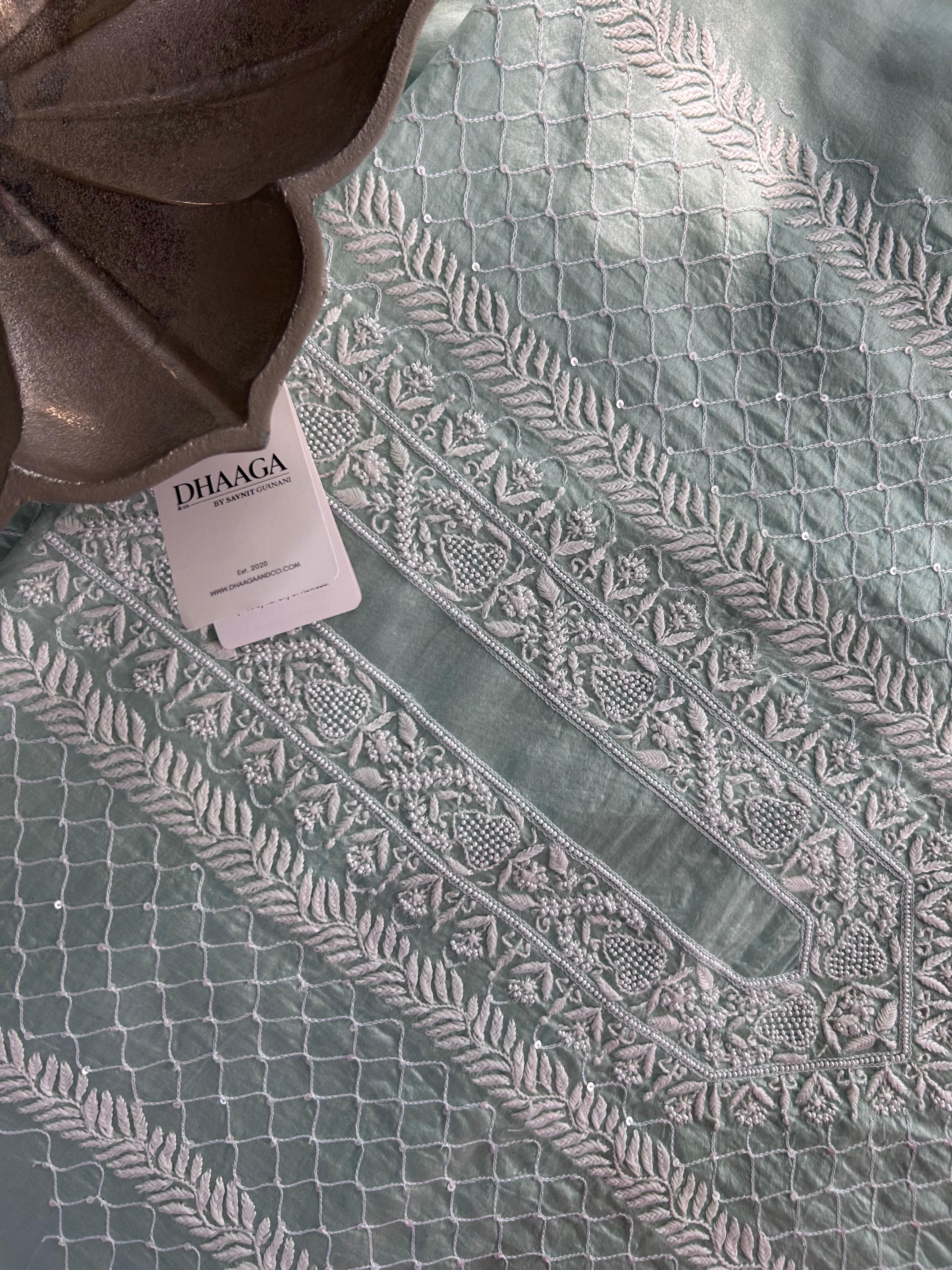 Sea Green Mens Chanderi Chikankari kurta