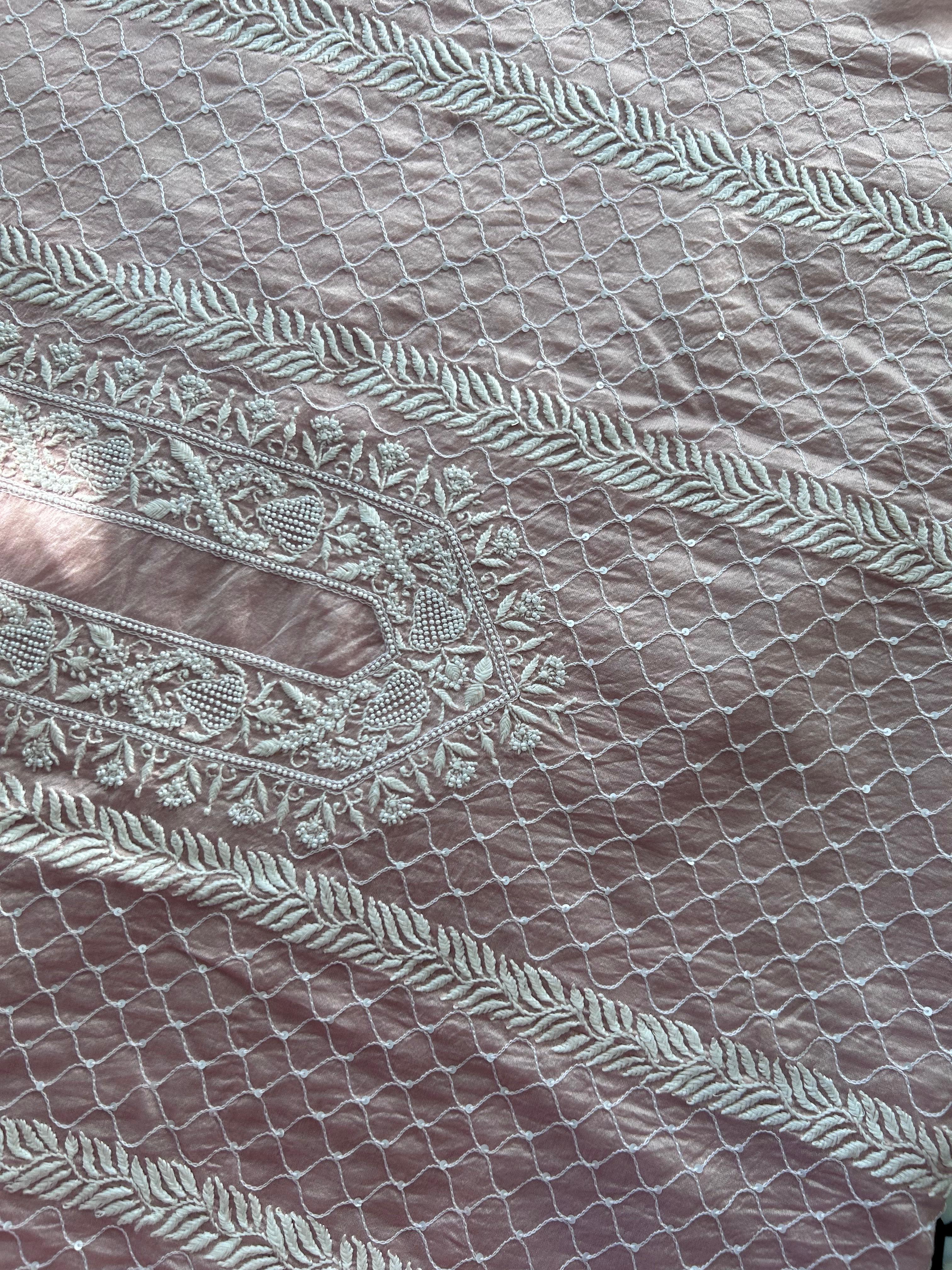 Pink Mens Chanderi Chikankari Kurta