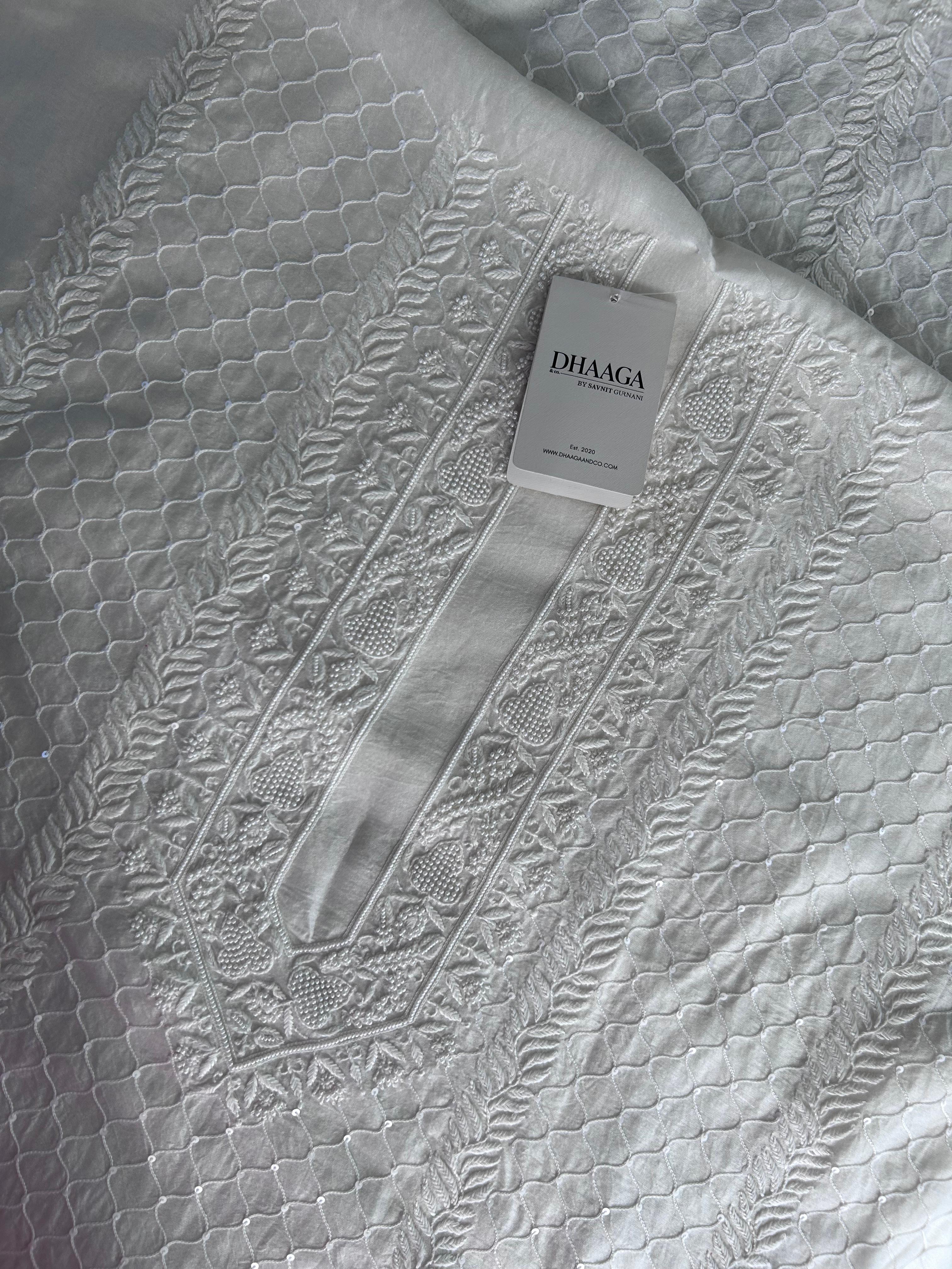 White Mens Chanderi Chikankari Kurta