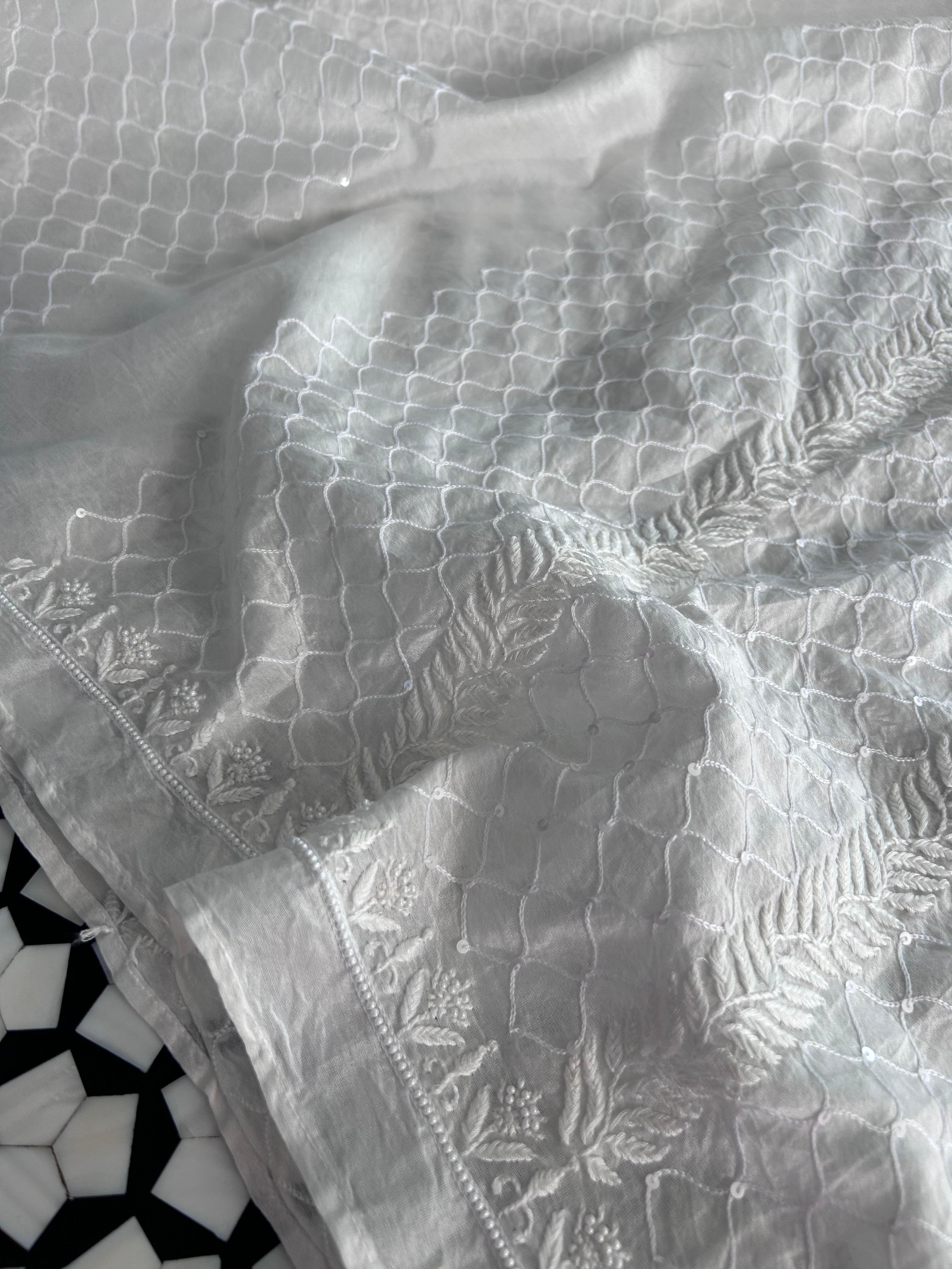 White Mens Chanderi Chikankari Kurta