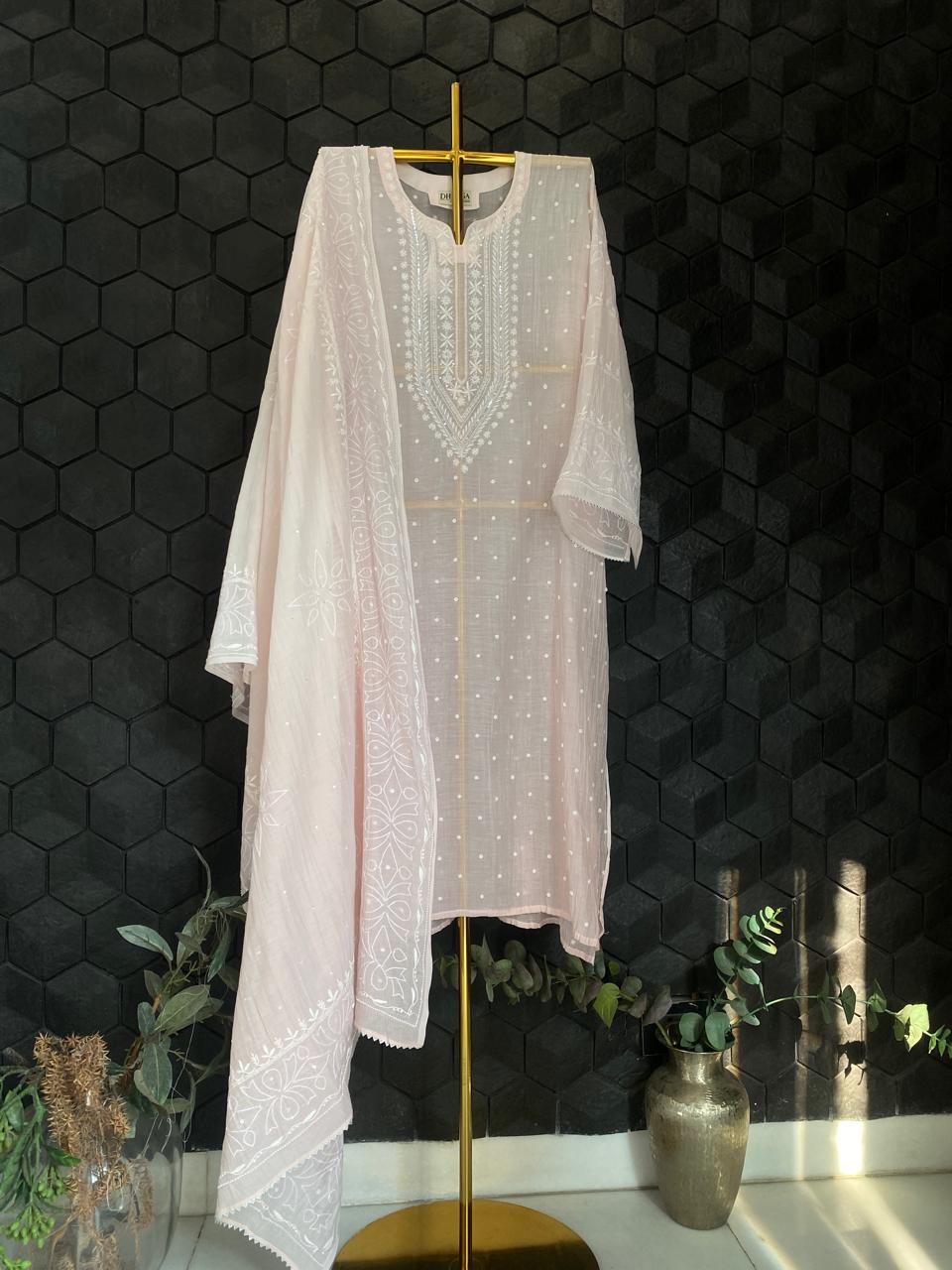 Pink Mul Chanderi Chikankari Kurta Set