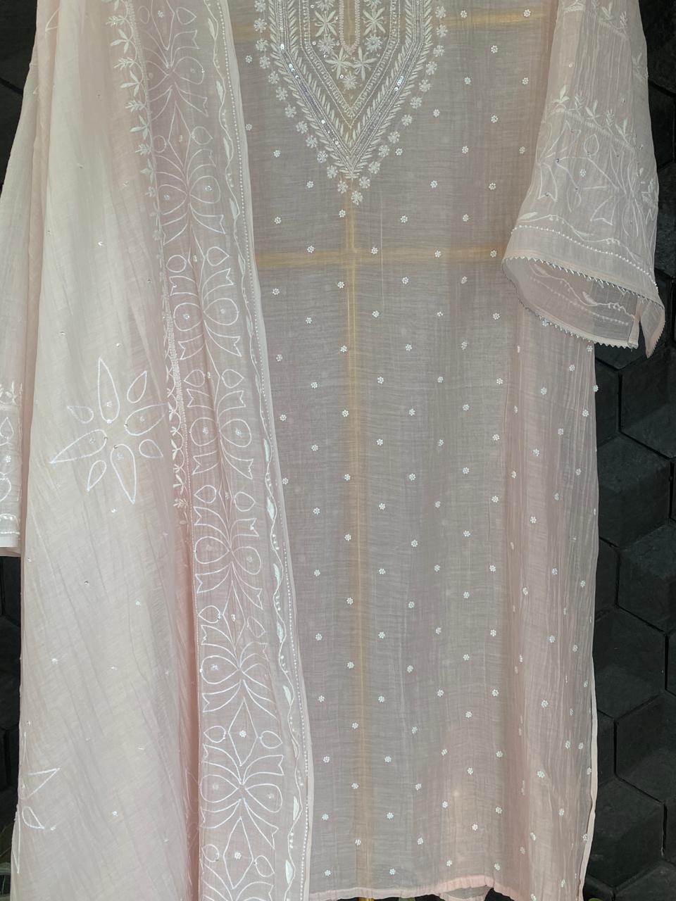 Pink Mul Chanderi Chikankari Kurta Set