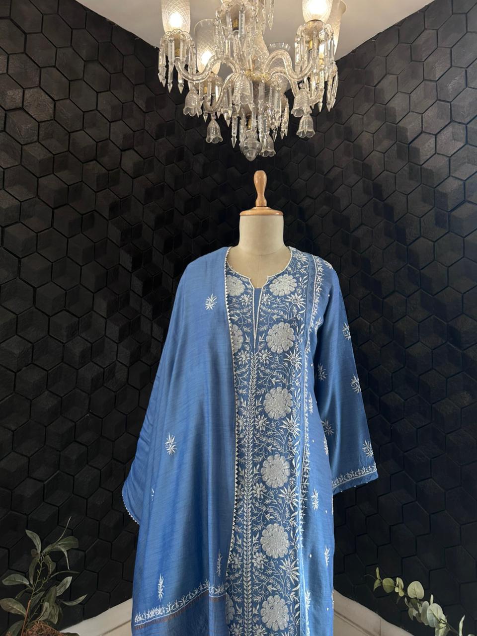Cobalt blue munga silk chikankari kurta set